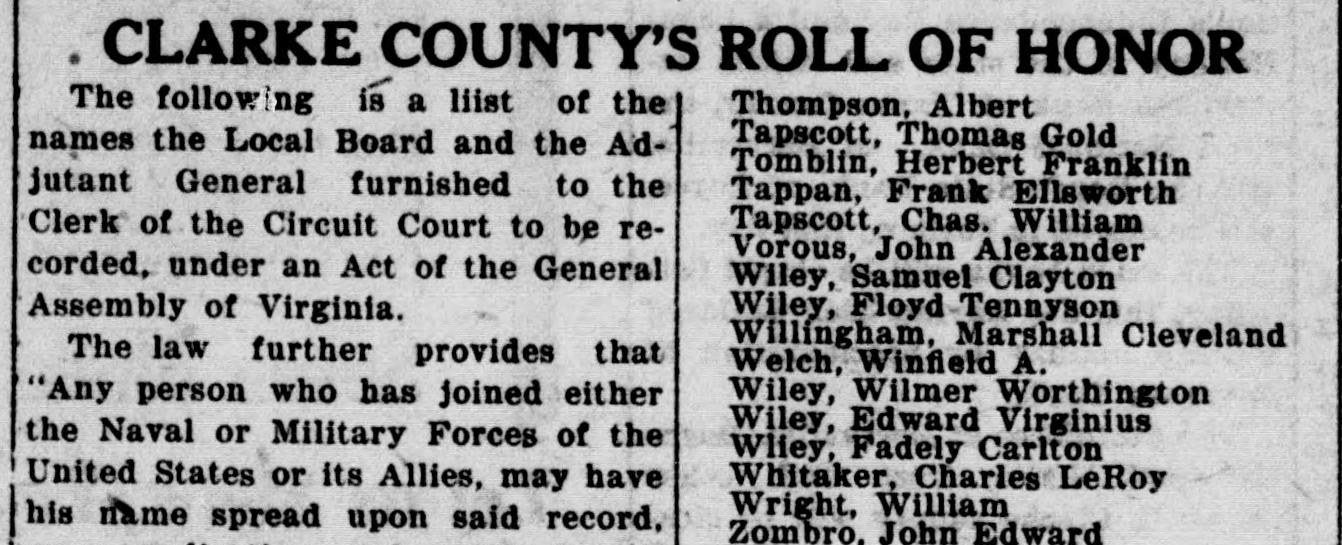 The top of a newspaper page headed "Clarke County's Roll of Honor": an opening paragraph about the list recorded with the Clerk of the Circuit Court, beside a column of names from Thompson, Albert to Zombro, John Edward.