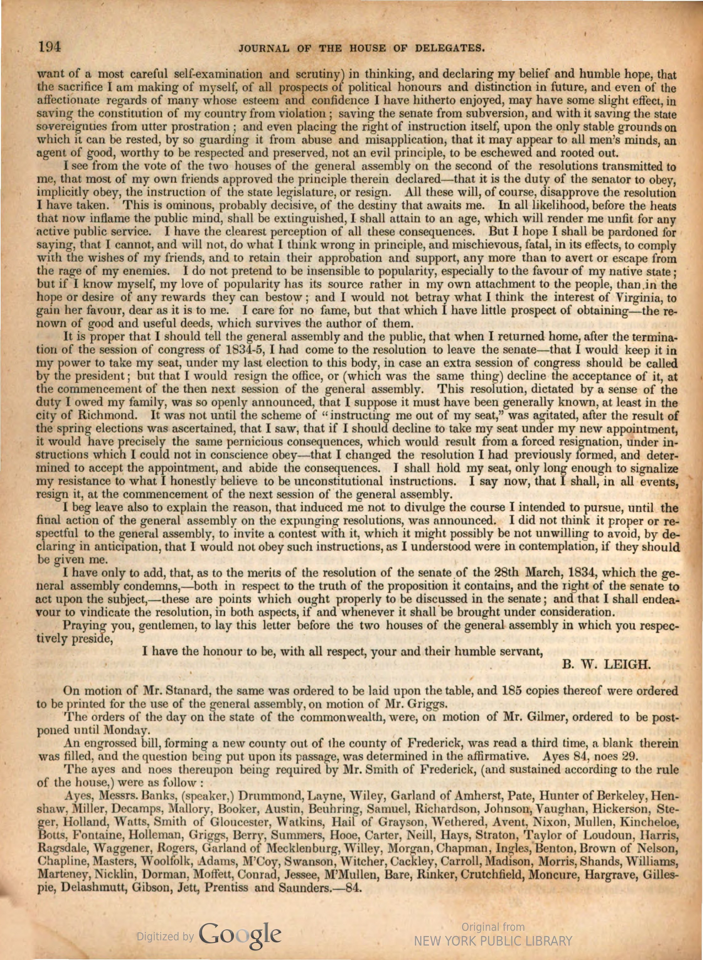A printed page of the Journal of the House of Delegates. The upper part is the end of a long letter signed B. W. Leigh. Below it the journal records that an engrossed bill forming a new county out of the county of Frederick was read a third time, a blank therein was filled, and it passed, ayes 84, noes 29, followed by the names of the members voting aye.