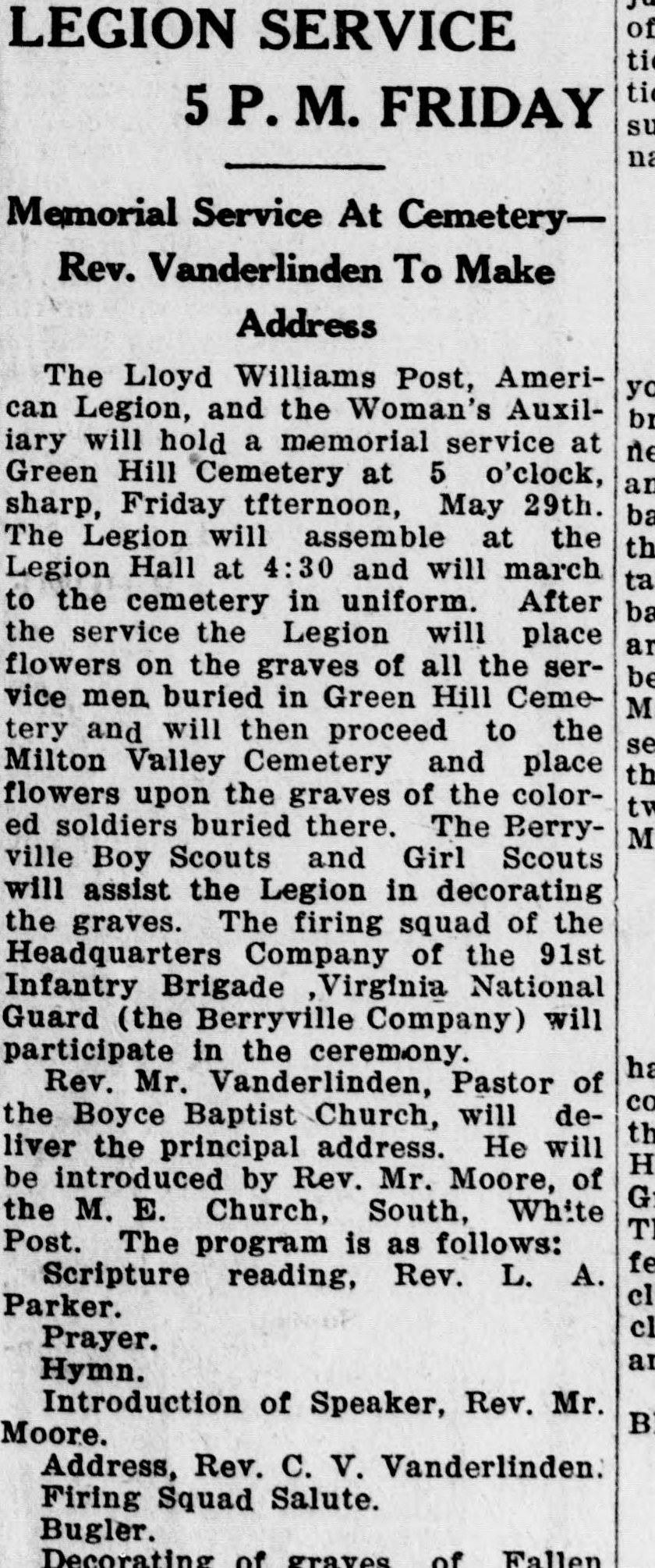 A newspaper column headed "LEGION SERVICE 5 P. M. FRIDAY," with the subhead "Memorial Service At Cemetery, Rev. Vanderlinden To Make Address." It announces that the Lloyd Williams Post and its Woman's Auxiliary will hold a memorial service at Green Hill Cemetery on Friday afternoon, May 29, then proceed to the Milton Valley Cemetery and place flowers on the graves of the soldiers buried there, with Boy Scouts and Girl Scouts assisting and a National Guard firing squad, and it begins to list the program.