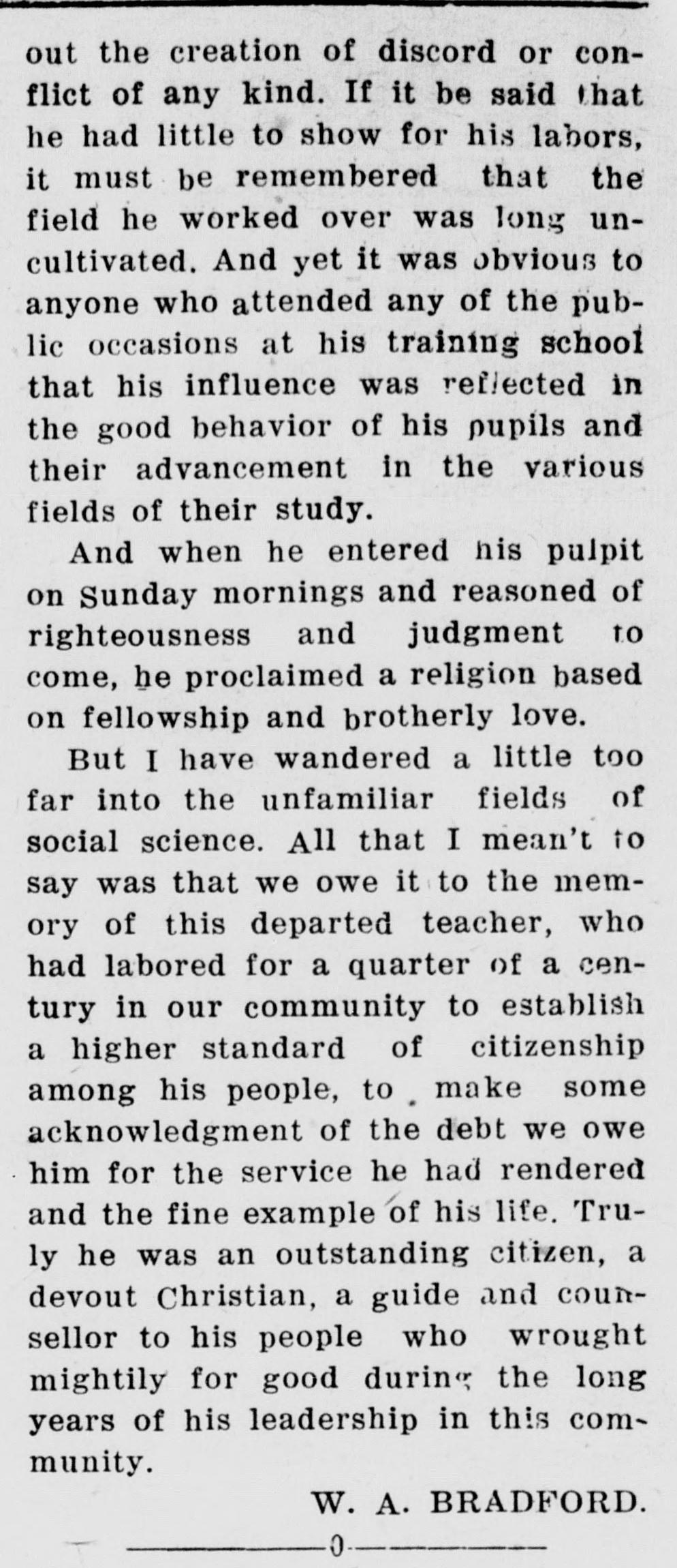 The second column of the letter: Johnson's influence seen in his pupils at the school's public occasions, his preaching, and the debt owed to his memory as a guide and counsellor to his people, signed W. A. Bradford.
