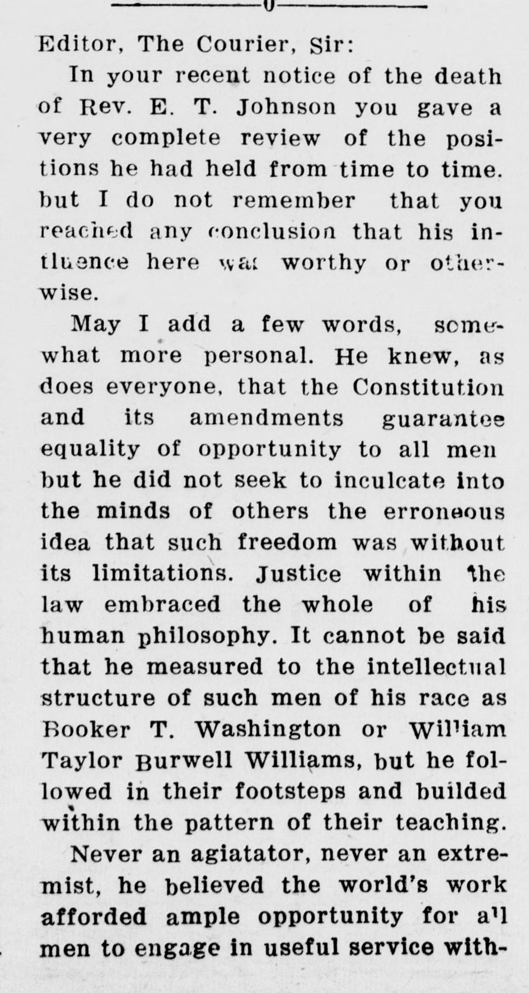 The first column of a letter beginning "Editor, The Courier, Sir:" about the Rev. E. T. Johnson. It says the paper's notice reviewed his positions but reached no conclusion on his influence, and sets him beside Booker T. Washington and William Taylor Burwell Williams.