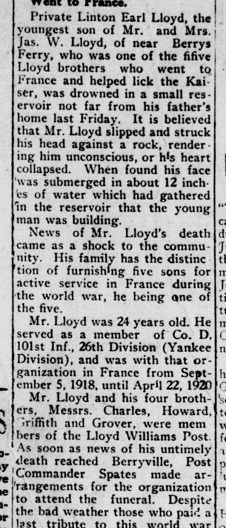 A newspaper column reporting that Private Linton Earl Lloyd, the youngest of the five Lloyd brothers who went to France, drowned in a small reservoir near his father's home, and that the five brothers were members of the Lloyd Williams Post.