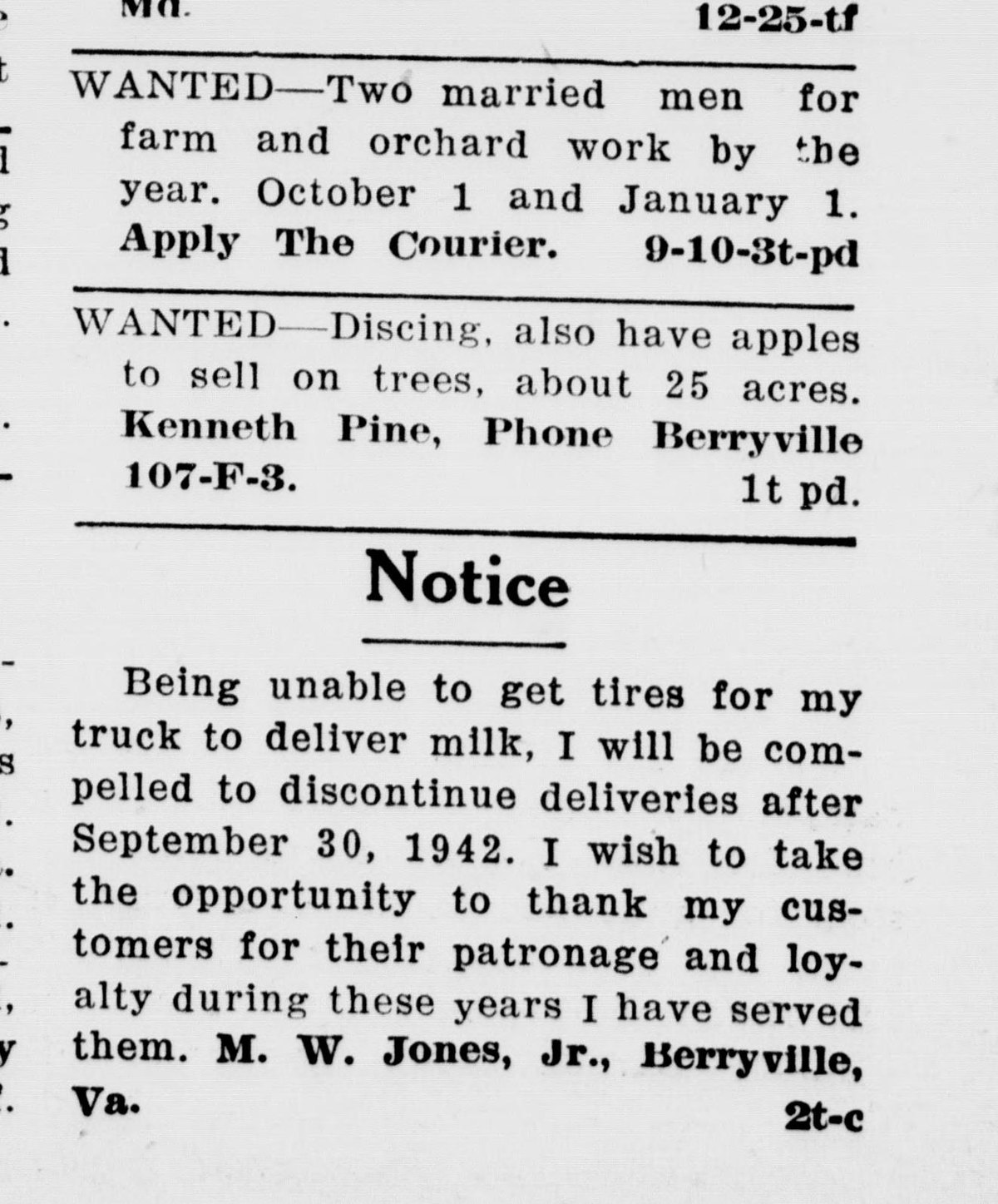 Part of a column of classified notices. Below two "Wanted" notices is an item headed "Notice," in which M. W. Jones, Jr., of Berryville says that, unable to get tires for his truck to deliver milk, he will discontinue deliveries after September 30, 1942, and thanks his customers for their patronage and loyalty.