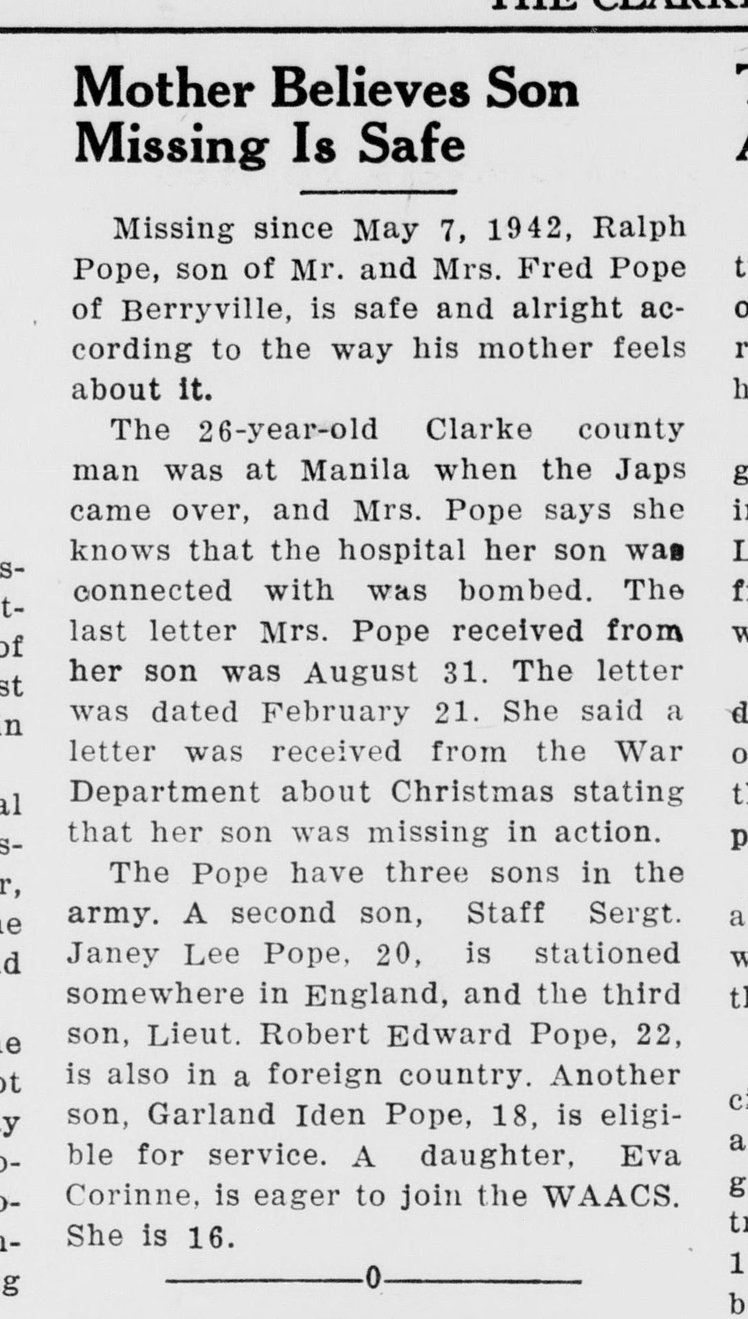 A newspaper item headed "Mother Believes Son Missing Is Safe." It reports that Ralph Pope, missing since May 7, 1942, was at Manila, and names his brothers Janey Lee in England and Robert Edward abroad, Garland Iden, 18, eligible for service, and a sister, Eva Corinne, 16, eager to join the WAACs.