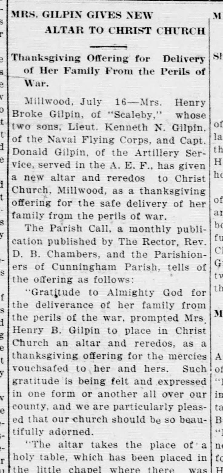 A newspaper column headed "Mrs. Gilpin Gives New Altar to Christ Church," describing the altar and reredos given to Christ Church, Millwood, by Mrs. Henry Brooke Gilpin after her two sons served in France.