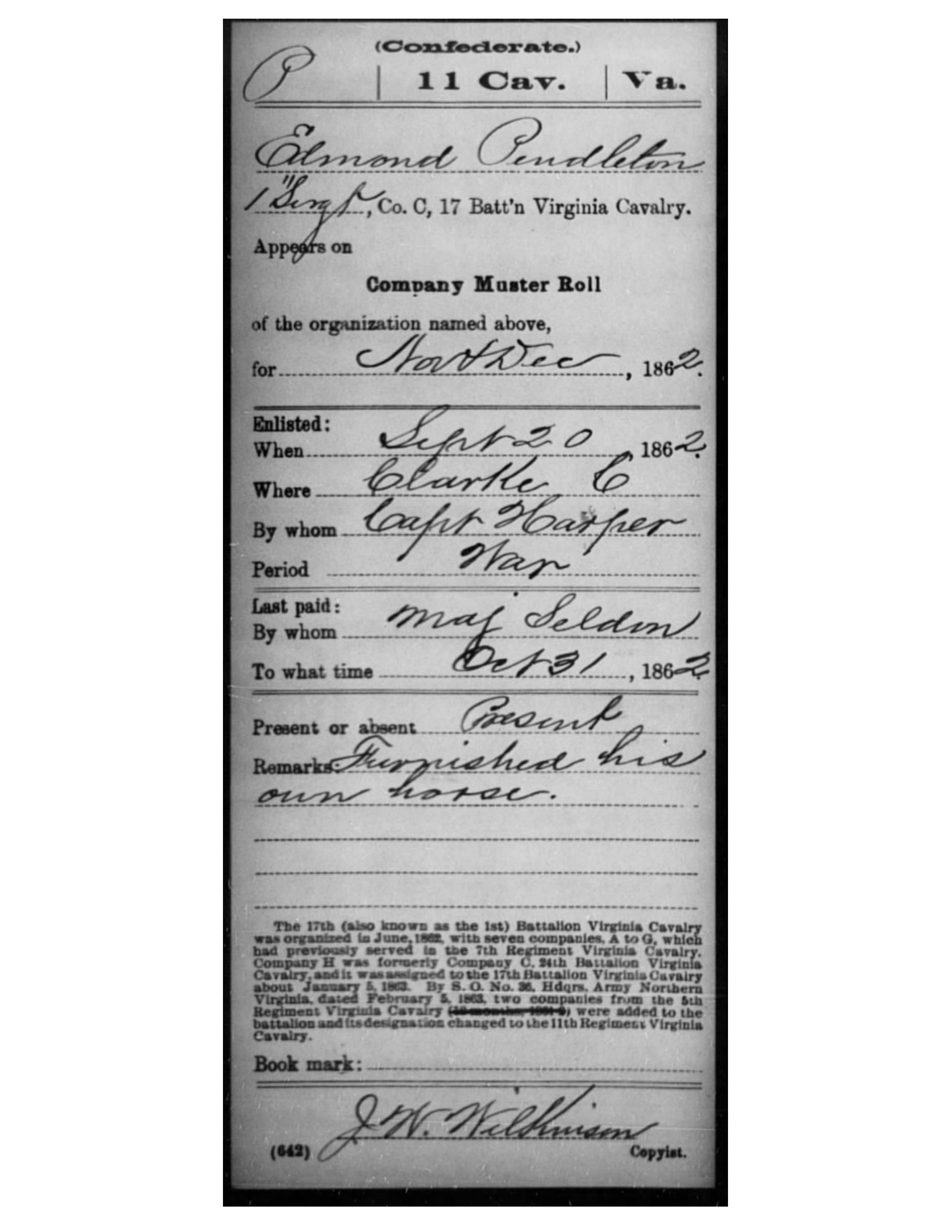A cropped National Archives service-record card headed Confederate, 11 Cav., Va., filled in by hand: Edmond Pendleton, 1st Sergeant, Co. C, 17th Battalion Virginia Cavalry, on the company muster roll for November and December 1862, enlisted September 20, 1862, at Clarke, by Capt. Harper, for the war, present, furnished his own horse, with a printed note on the battalion becoming the 11th Regiment Virginia Cavalry.