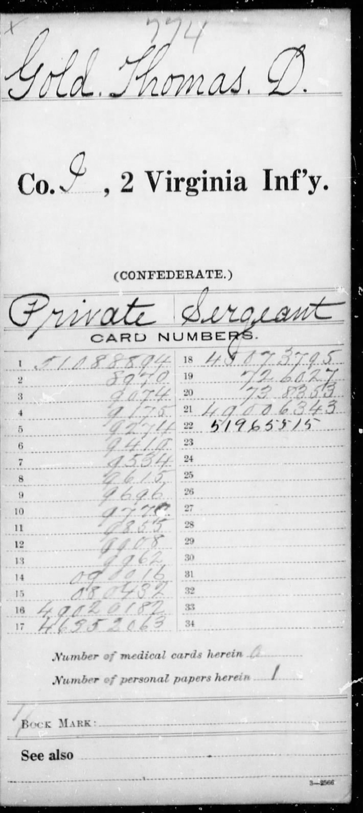 A cropped National Archives service-record card for Thomas D. Gold, Co. I, 2nd Virginia Infantry, showing a file jacket with the handwritten name Gold, Thomas D., Co. I, 2 Virginia Inf'y, the printed word CONFEDERATE, the handwritten ranks Private and Sergeant, and a list of card numbers from 1 to 22.