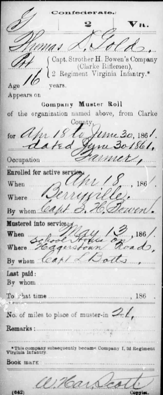 A cropped National Archives service-record card for Thomas D. Gold, Co. I, 2nd Virginia Infantry, showing a printed muster-roll card filled in by hand: Thomas D. Gold, Pvt, Capt. Strother H. Bowen's Company (Clarke Riflemen), 2 Regiment Virginia Infantry, age 16, occupation farmer, enrolled April 18, 1861, at Berryville, mustered in May 13, 1861.