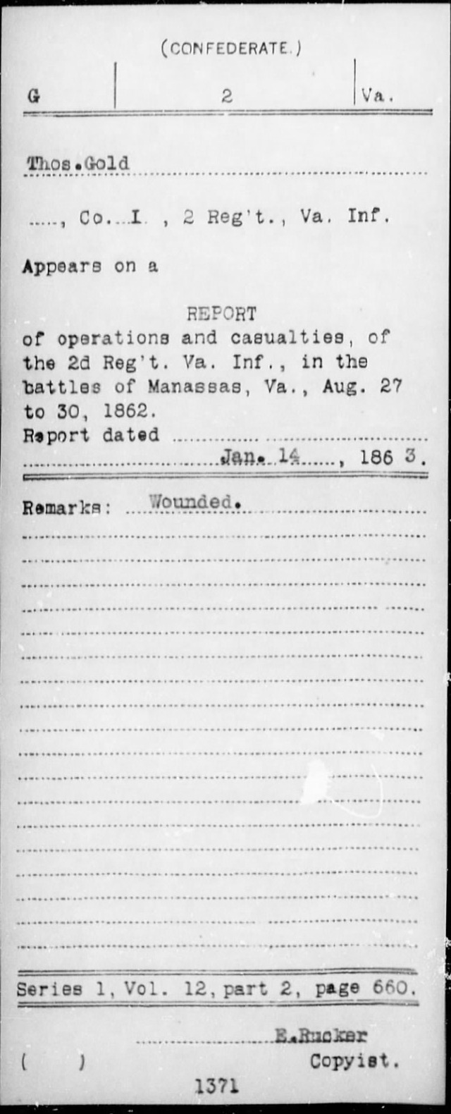 A cropped National Archives service-record card for Thomas D. Gold, Co. I, 2nd Virginia Infantry, showing a typed card naming Thos. Gold, Co. I, 2 Reg't, Va. Inf., on a report of operations and casualties at Manassas, August 27 to 30, 1862, with the remark Wounded.