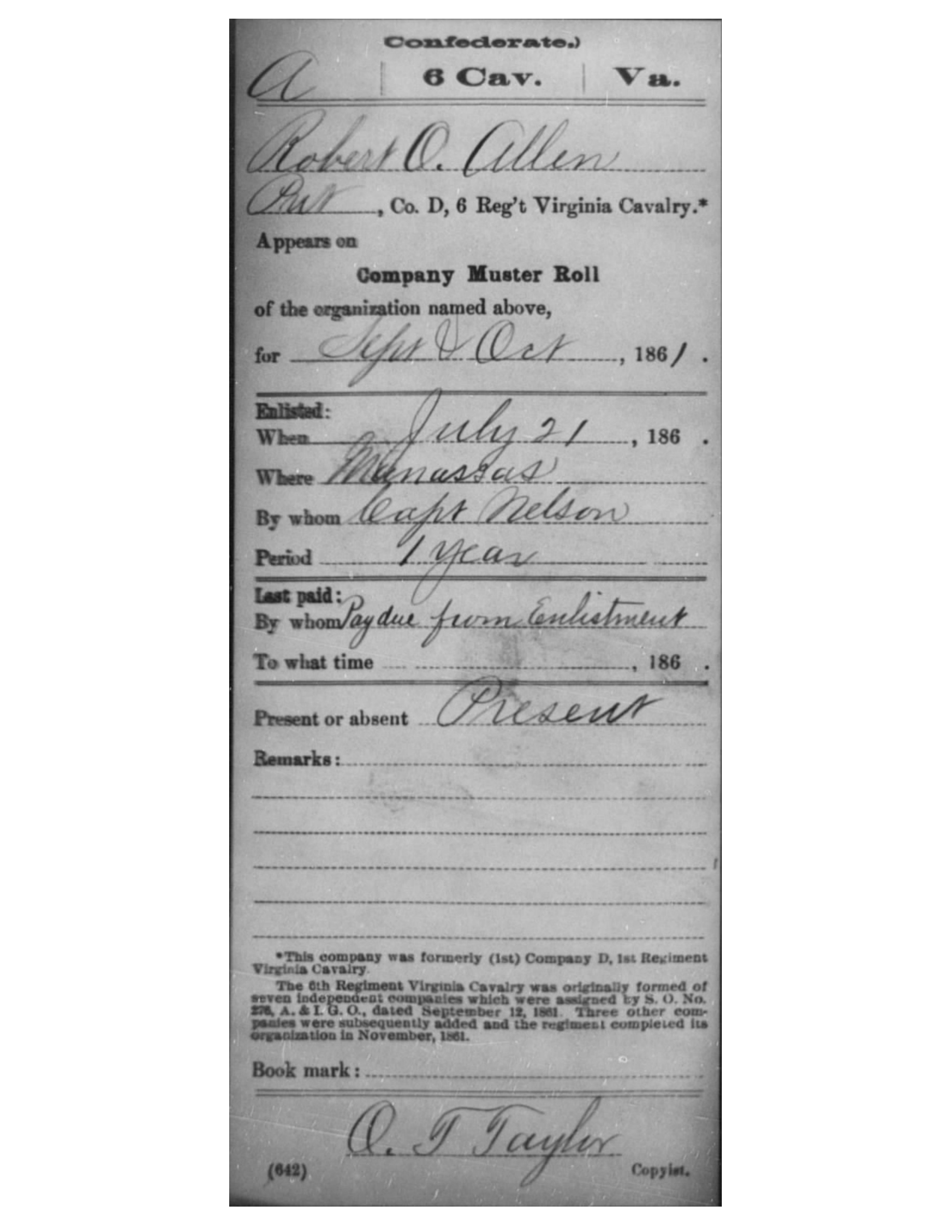 A cropped National Archives service-record card filled in by hand: Robert O. Allen, private, Co. D, 6th Regiment Virginia Cavalry, on the company muster roll for September and October 1861, enlisted July 21 at Manassas by Capt. Nelson for one year, present.