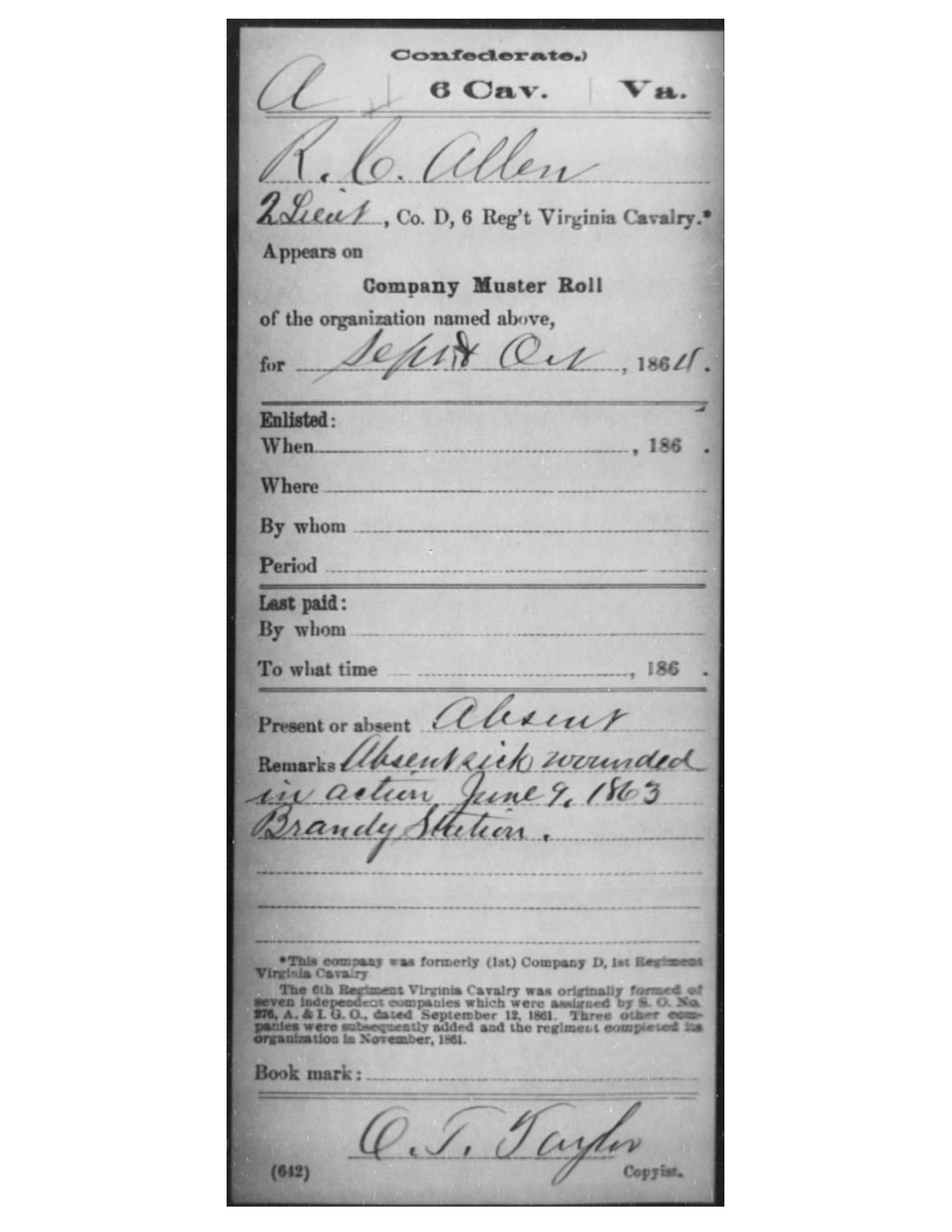 A cropped National Archives service-record card filled in by hand: R. O. Allen, second lieutenant, Co. D, 6th Regiment Virginia Cavalry, on the company muster roll for September and October 1864, absent, sick, wounded in action June 9, 1863, at Brandy Station.