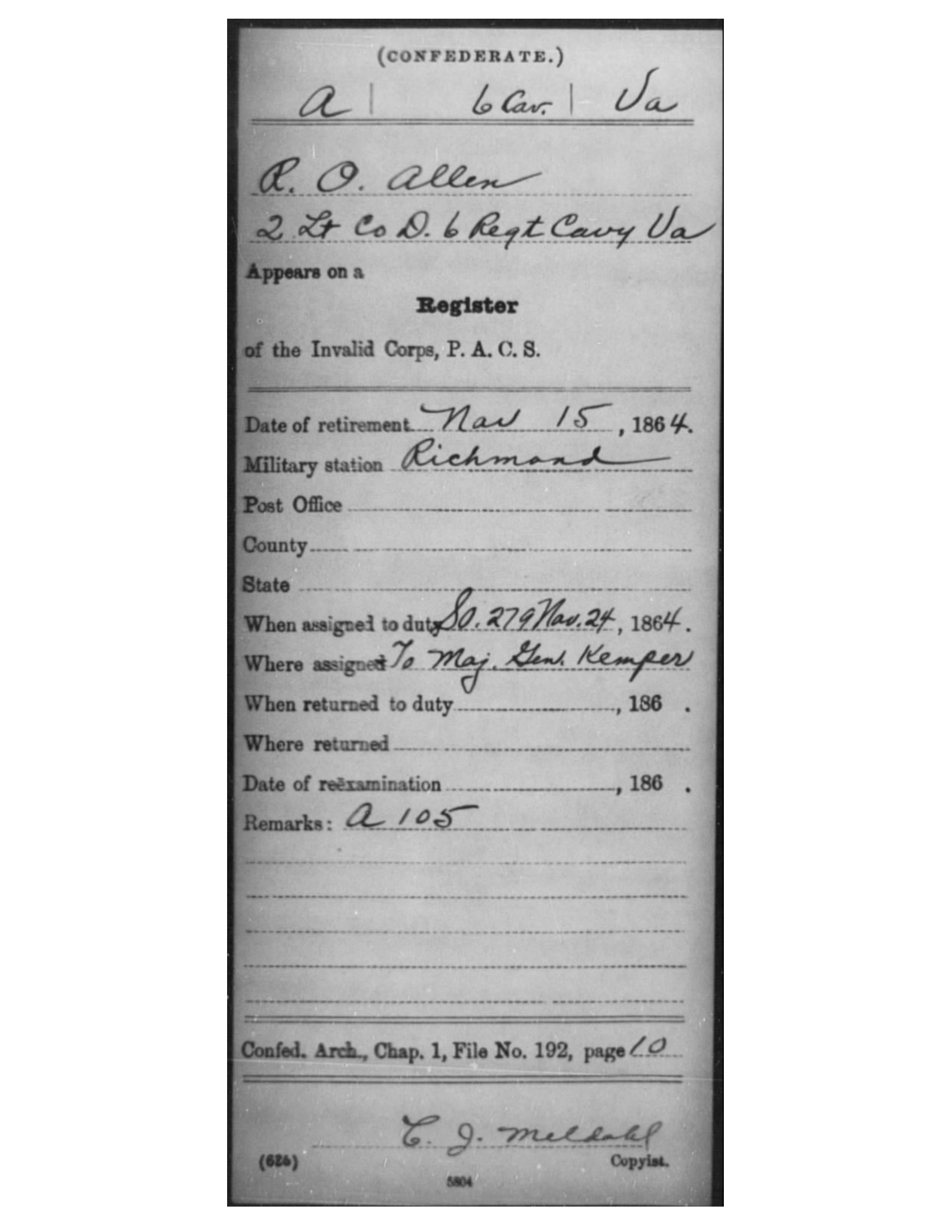A cropped National Archives service-record card filled in by hand: R. O. Allen, second lieutenant, Co. D, 6th Regiment Virginia Cavalry, on a register of the Invalid Corps, retired November 15, 1864, at Richmond, assigned to Maj. Gen. Kemper.