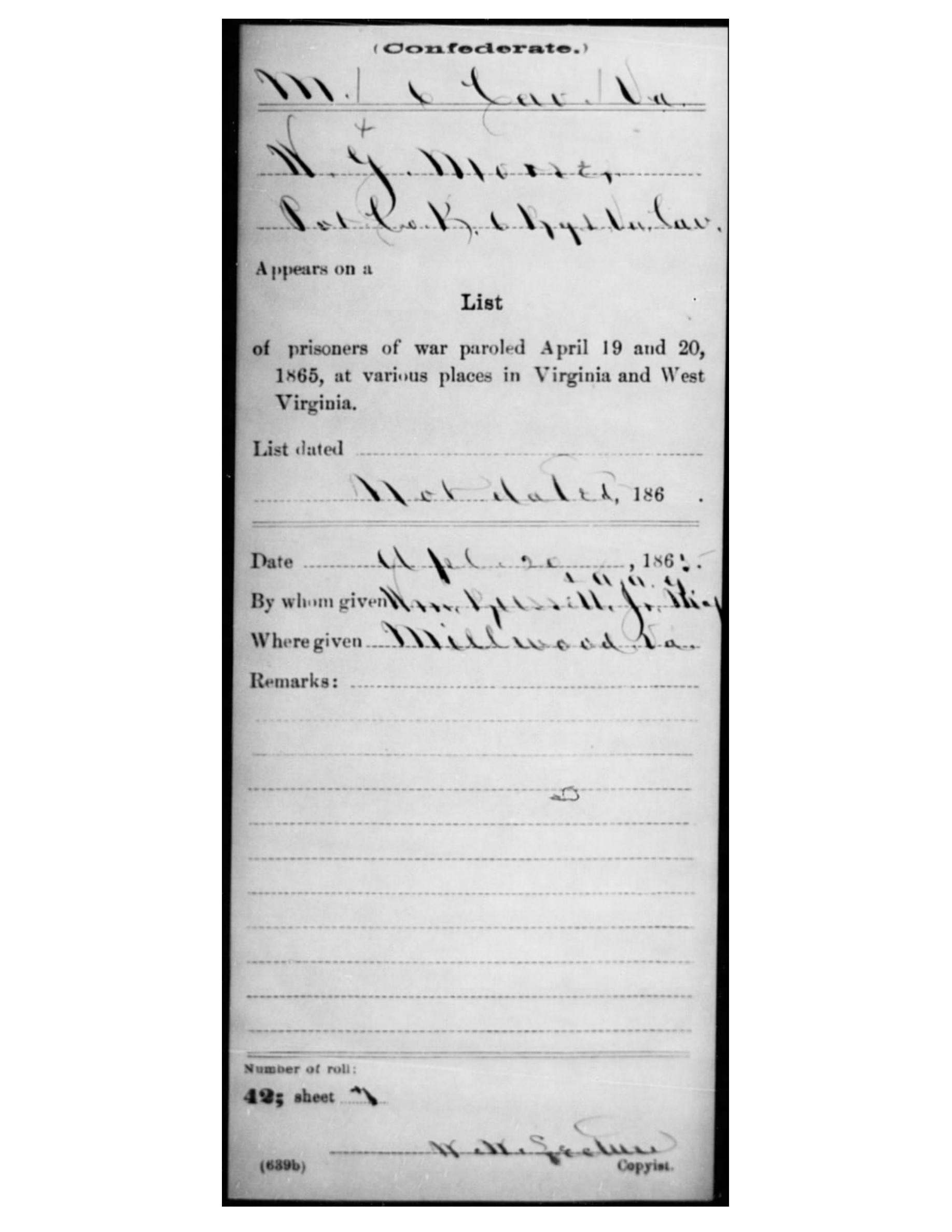 A cropped National Archives service-record card filled in by hand: W. J. Moore, private, Co. K, 6th Regiment Virginia Cavalry, on a list of prisoners of war paroled in April 1865, paroled April 20 at Millwood, Va.