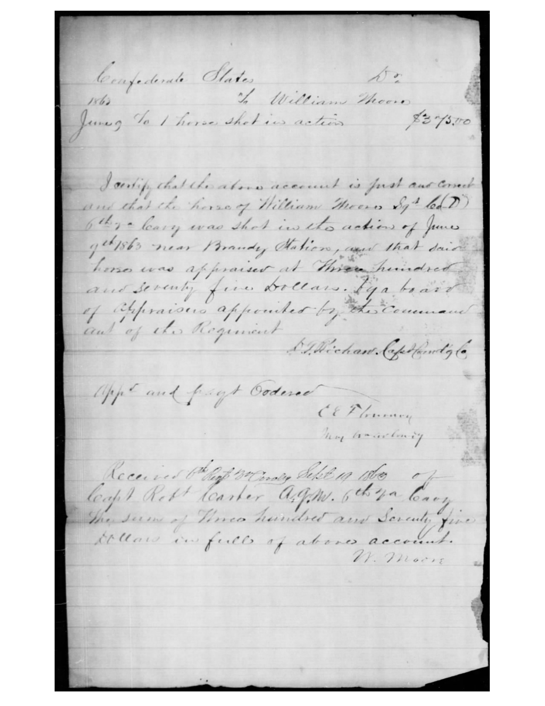 A cropped Confederate quartermaster voucher in a National Archives service record: an account of $375 for one horse of William Moore, sergeant, Co. D, 6th Virginia Cavalry, shot in action near Brandy Station on June 9, 1863, with the appraisers’ certificate and a receipt of September 19, 1863, signed W. Moore.