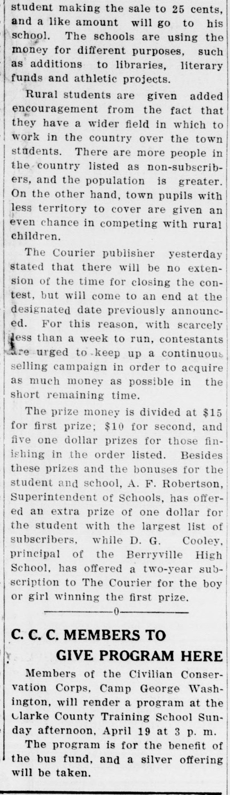 A narrow newspaper column. Most of it is the end of an unrelated article about a subscription contest; at the foot, under the headline "C. C. C. Members To Give Program Here," a two-paragraph notice announces the program at the Clarke County Training School for the bus fund.