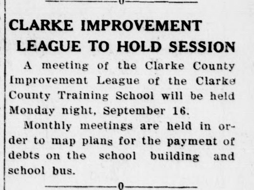 A short newspaper item headed "Clarke Improvement League to Hold Session": the League of the Clarke County Training School will meet on Monday night, September 16, and holds monthly meetings to plan the payment of debts on the school building and school bus.