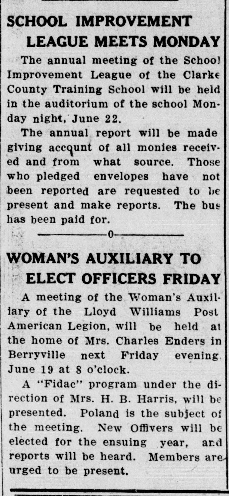 A newspaper notice headed "School Improvement League Meets Monday," announcing the annual meeting in the school auditorium on June 22 with an account of all monies received, and ending with the statement that the bus has been paid for. A Woman's Auxiliary notice follows below a rule.