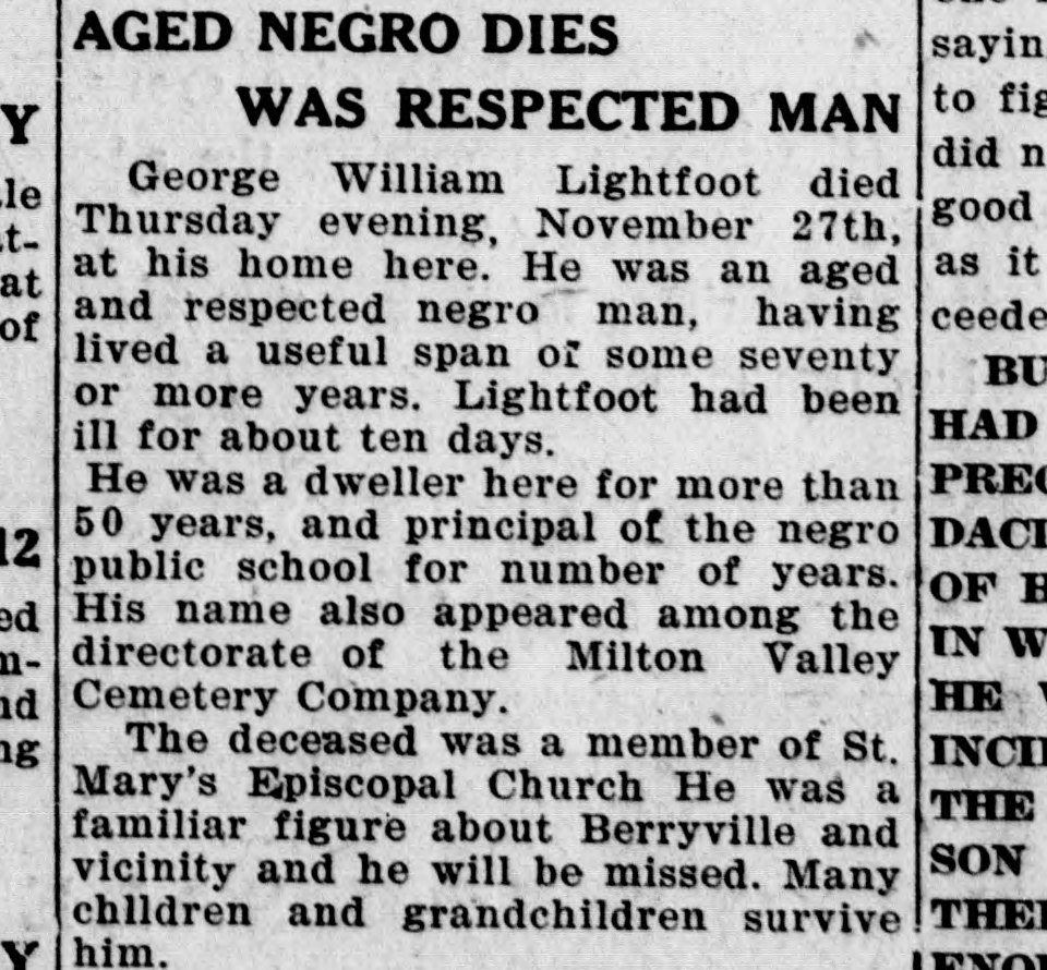 A newspaper obituary under a two-line headline, reporting that George William Lightfoot died on Thursday evening, November 27, at his home, that he had been principal of the local Black public school for a number of years, that his name appeared among the directorate of the Milton Valley Cemetery Company, and that he belonged to St. Mary's Episcopal Church.