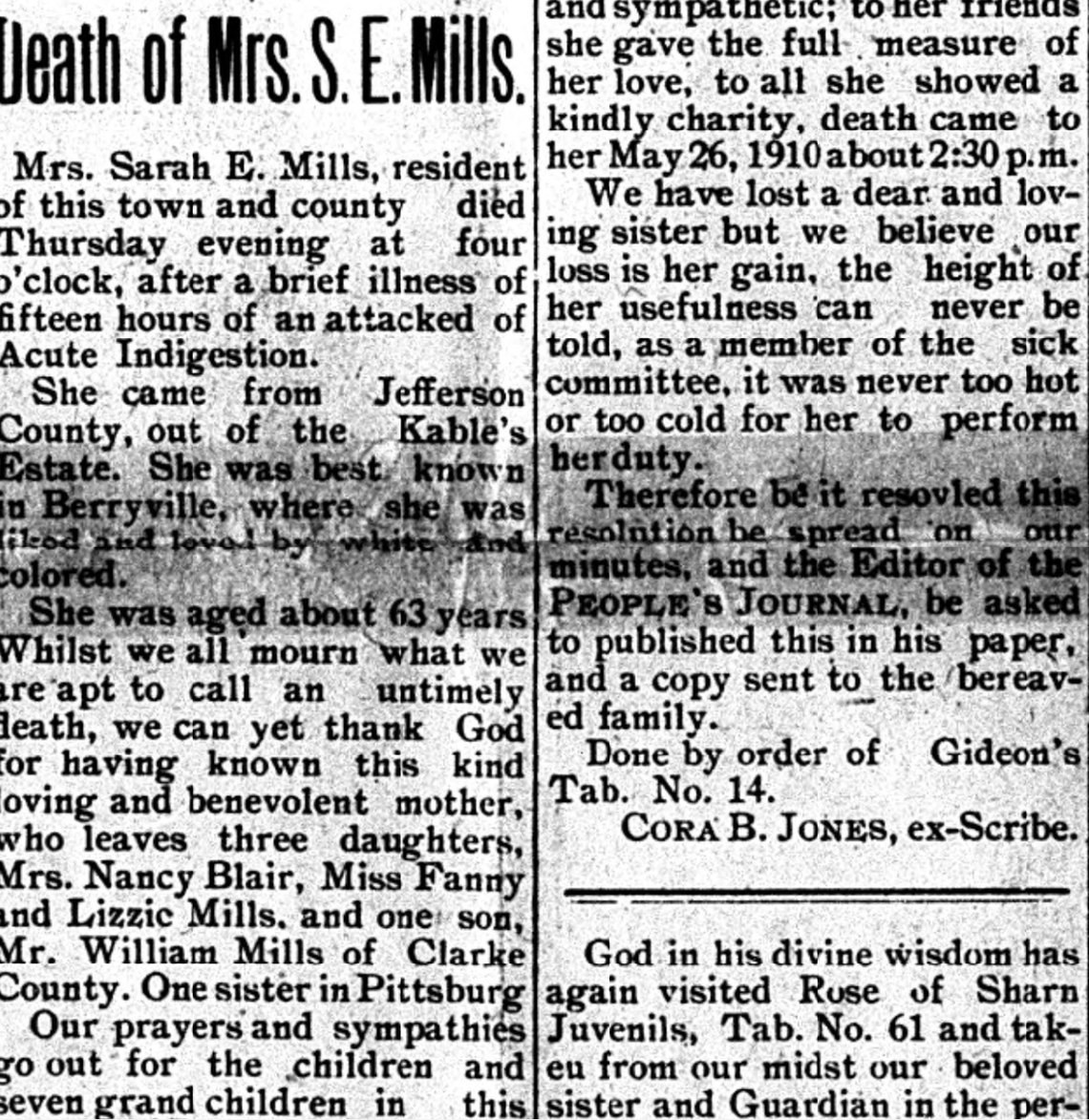 Two newspaper columns. At left, the obituary headed "Death of Mrs. S. E. Mills" begins with her death after a brief illness, aged about 63, and names her children. At right, the resolution ends by praising her usefulness as a member of the sick committee and is signed "Done by order of Gideon's Tab. No. 14" by Cora B. Jones, ex-Scribe; below it a second resolution begins, from Rose of Sharn Juvenils, Tab. No. 61.