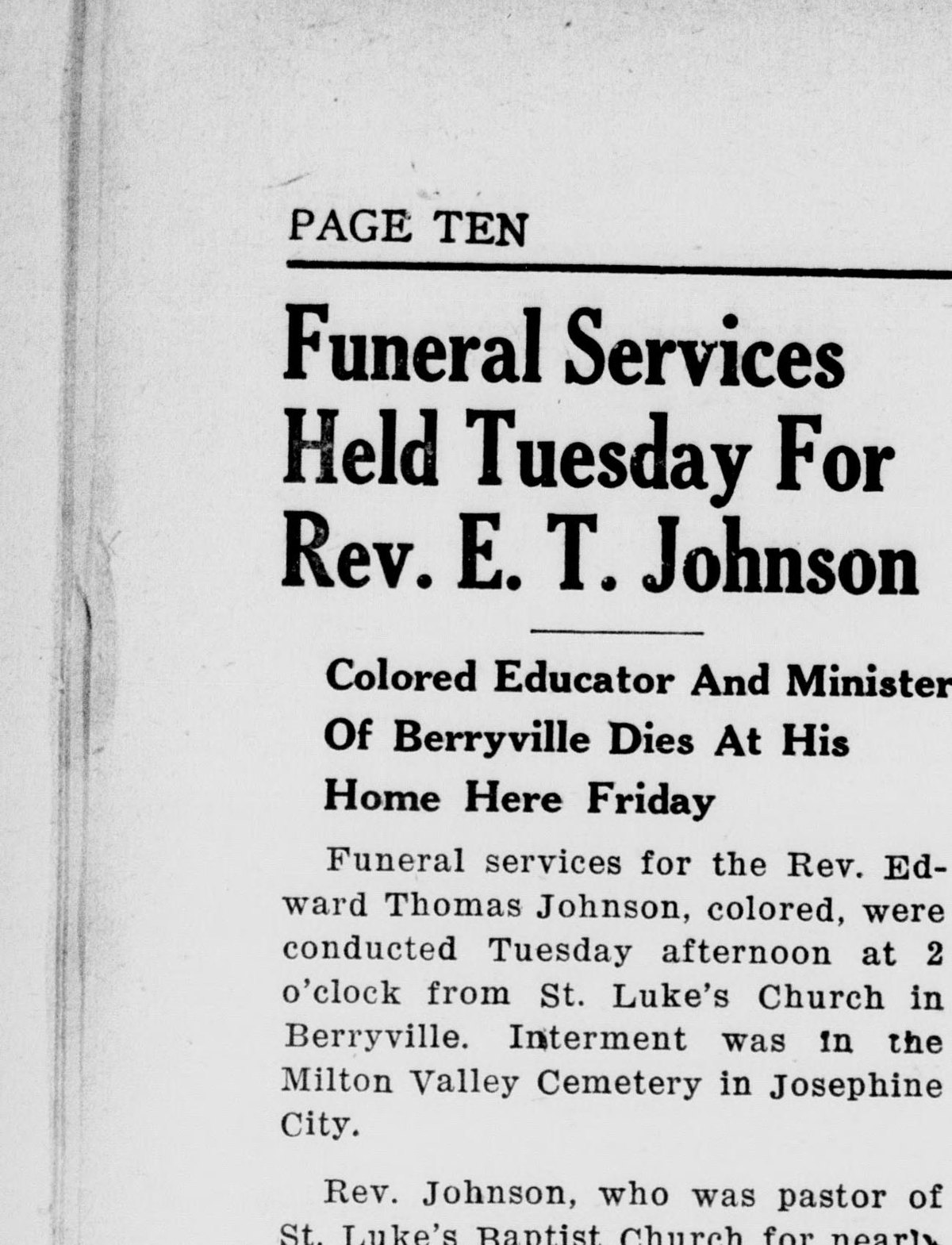 The top of a newspaper page marked "Page Ten," with a large headline, "Funeral Services Held Tuesday For Rev. E. T. Johnson," a three-line subhead, and the opening paragraph reporting his funeral at St. Luke's Church in Berryville and his interment in the Milton Valley Cemetery in Josephine City.