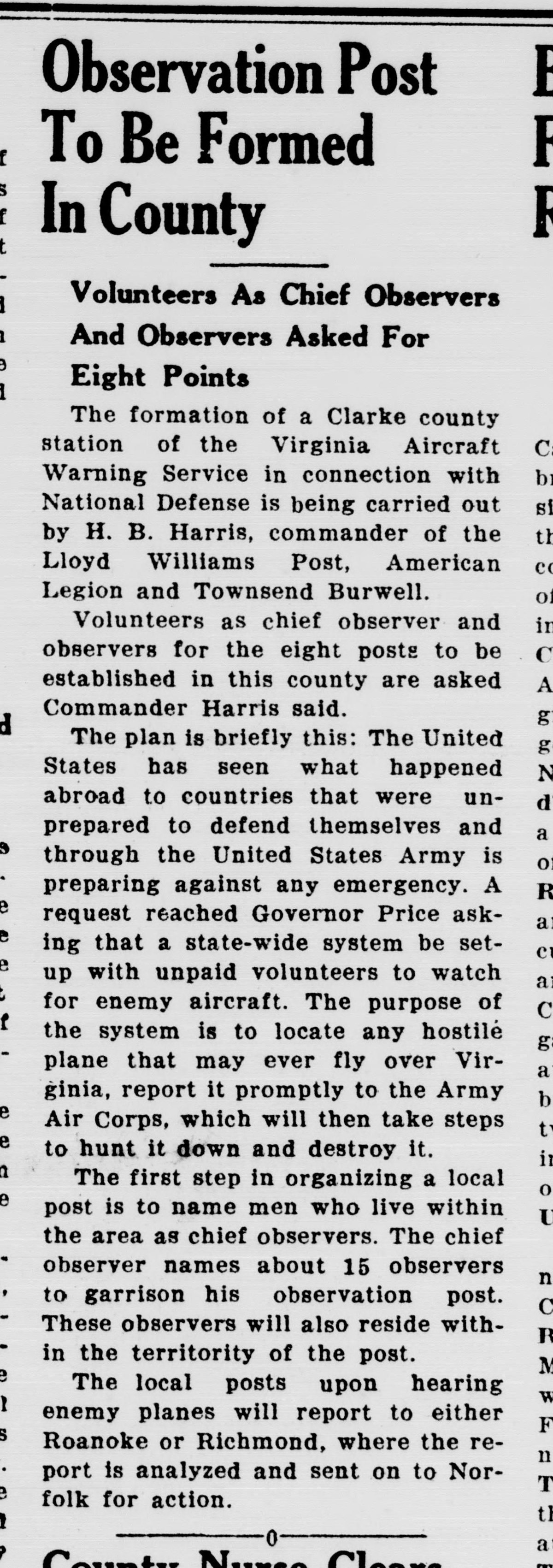A front-page newspaper column under the large headline "Observation Post To Be Formed In County" and the subhead "Volunteers As Chief Observers And Observers Asked For Eight Points." The article names H. B. Harris, commander of the Lloyd Williams Post, American Legion, and Townsend Burwell, and explains that local posts would report enemy planes to Roanoke or Richmond, to be sent on to Norfolk.