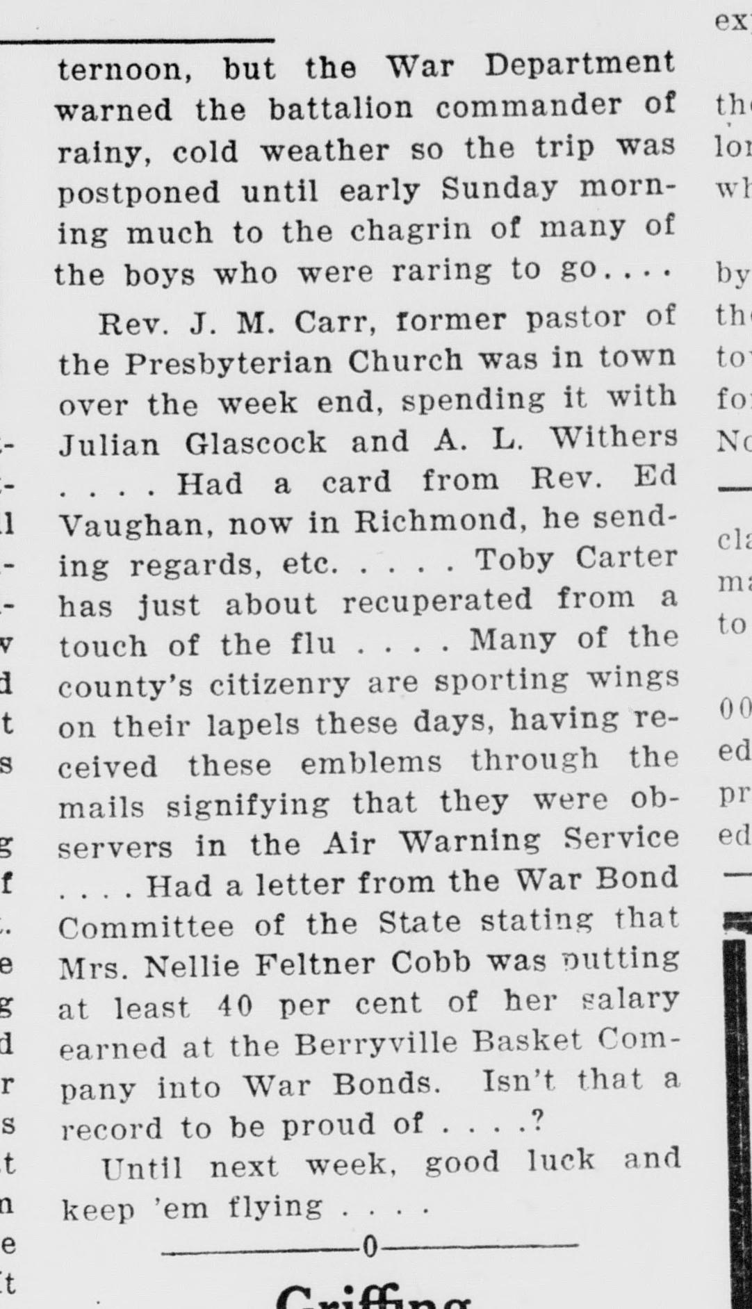 The closing part of a newspaper column of short local notes separated by dots. One note says many of the county's citizenry are sporting wings on their lapels, received through the mails, signifying that they were observers in the Air Warning Service; others mention a card from Rev. Ed Vaughan, a touch of the flu and war bonds.