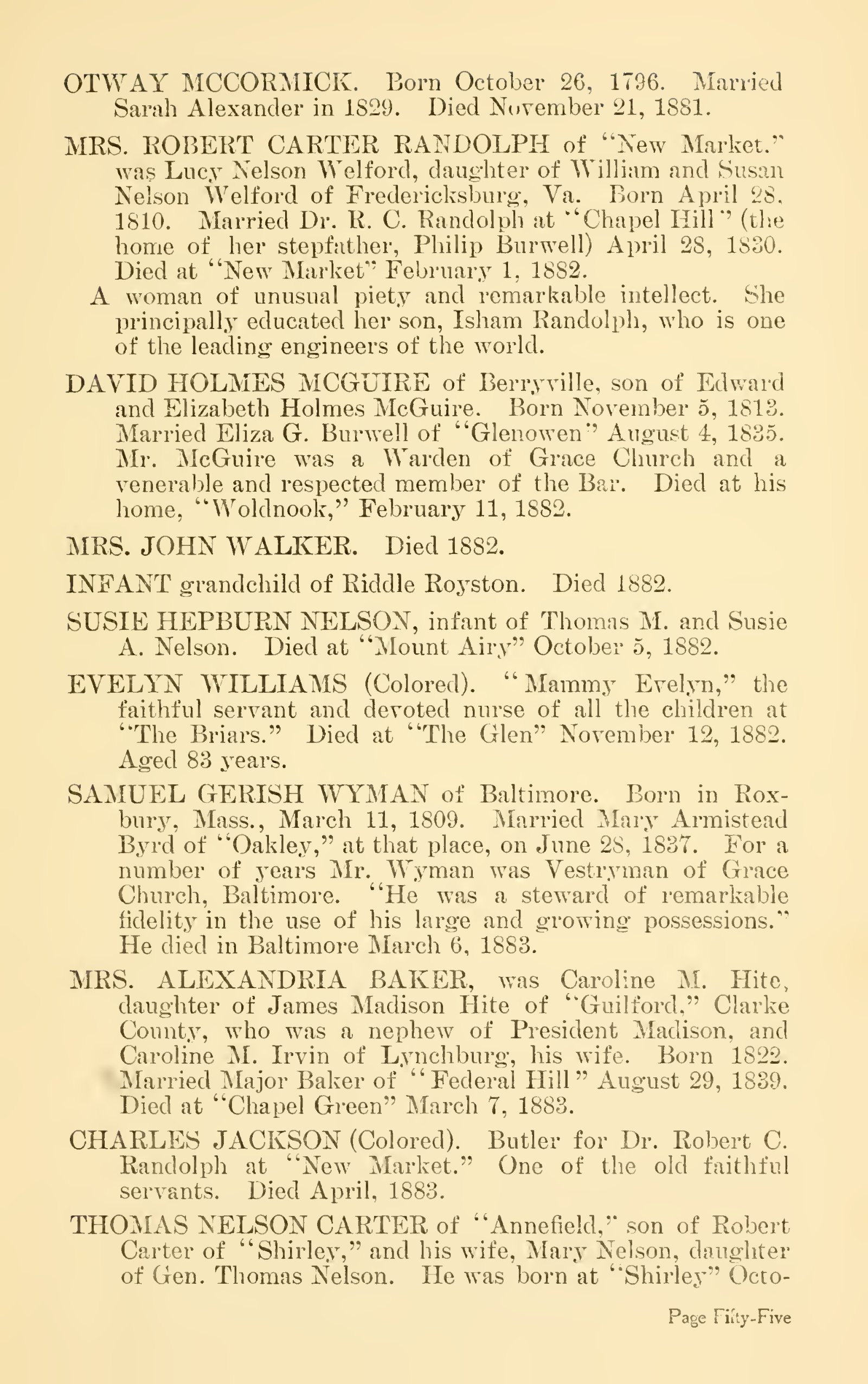 A printed cemetery-record page carrying two entries: Evelyn Williams, called "Mammy Evelyn," the faithful servant and devoted nurse of all the children at "The Briars," died November 12, 1882, aged 83; and Charles Jackson, butler for Dr. Robert C. Randolph at "New Market," one of the old faithful servants, died April 1883.