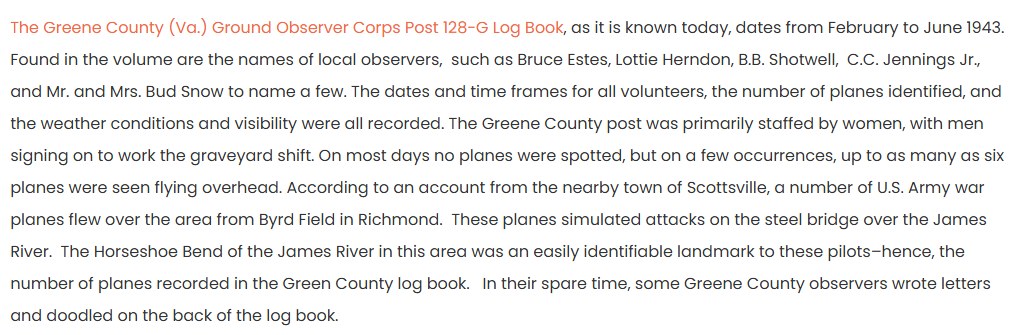A paragraph of web text. It says the Greene County (Va.) Ground Observer Corps Post 128-G log book dates from February to June 1943, names some of its local observers, and says the post recorded volunteers' times, planes identified, weather and visibility, and was staffed mostly by women.