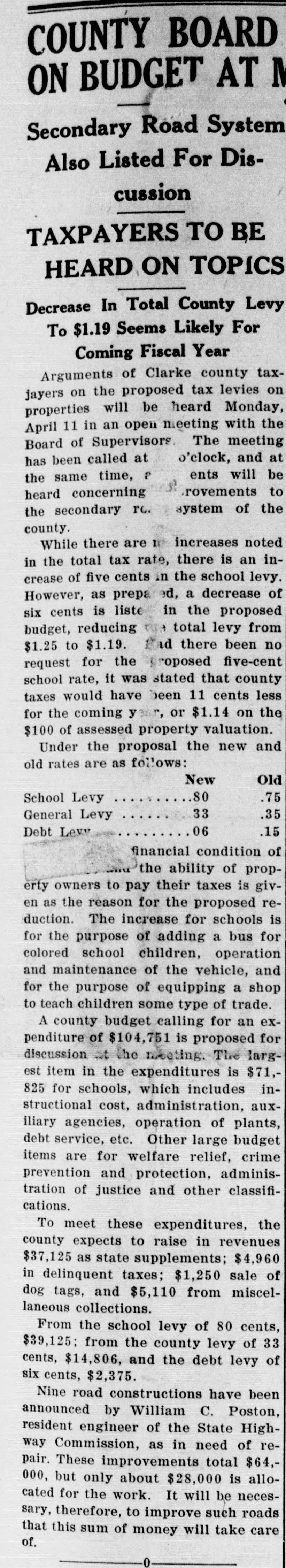 A long newspaper column under headlines about the county budget and "Taxpayers To Be Heard On Topics," its top line cut at the right edge. It gives the new and old levy rates, school .80 against .75, and a paragraph saying the increase for schools is for adding a bus for colored school children and equipping a shop.