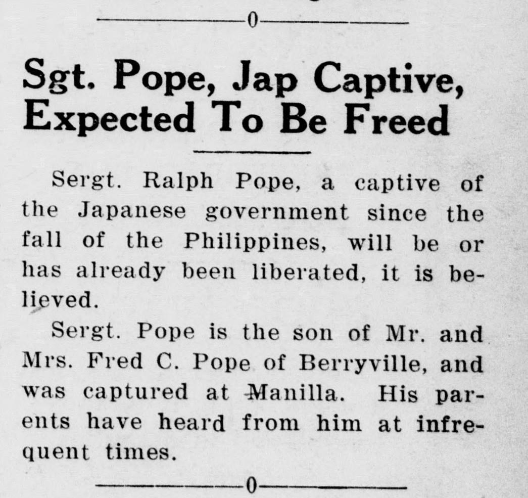 A short front-page item headed "Sgt. Pope, Jap Captive, Expected To Be Freed." Two paragraphs say Sergt. Ralph Pope will be or has been liberated, it is believed, and that he is the son of Mr. and Mrs. Fred C. Pope of Berryville.