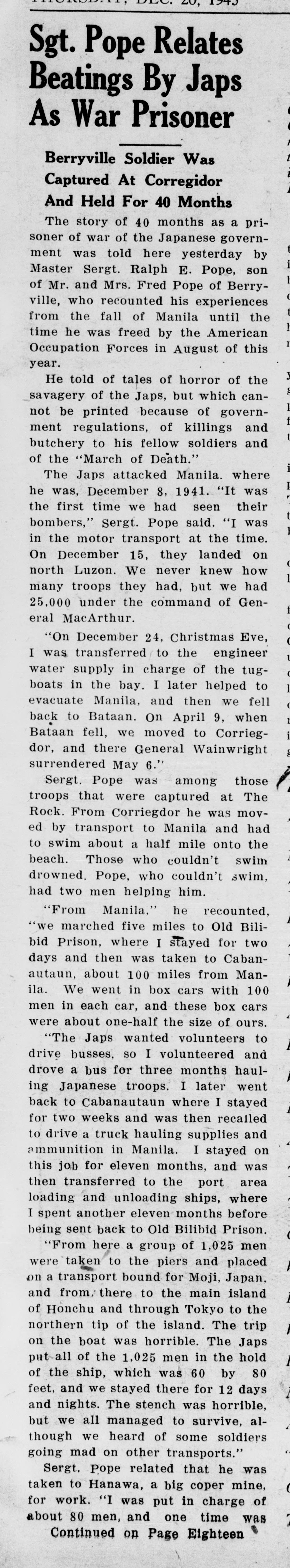 A long single-column article headed "Sgt. Pope Relates Beatings By Japs As War Prisoner," with the subhead "Berryville Soldier Was Captured At Corregidor And Held For 40 Months." It follows his capture, his work driving a bus and trucks, the 1,025 men in a ship's hold and the Hanawa copper mine, ending with a note that it continues on page eighteen.
