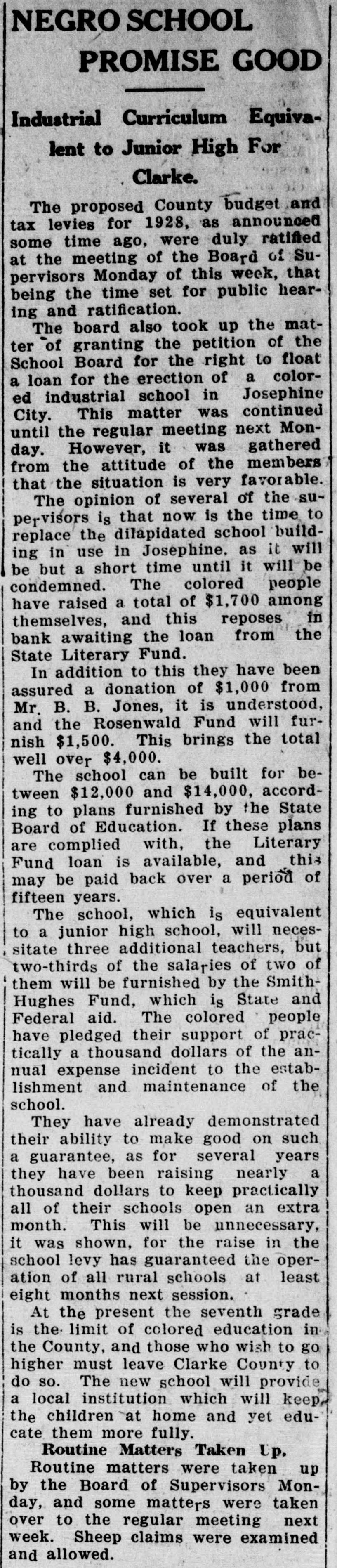 A newspaper column headed "Negro School Promise Good," with the deck "Industrial Curriculum Equivalent to Junior High For Clarke." It reports the supervisors' consideration of a loan for a colored industrial school in Josephine City, the $1,700 raised by the colored people, a promised $1,000 donation and $1,500 from the Rosenwald Fund, and a building cost of $12,000 to $14,000.