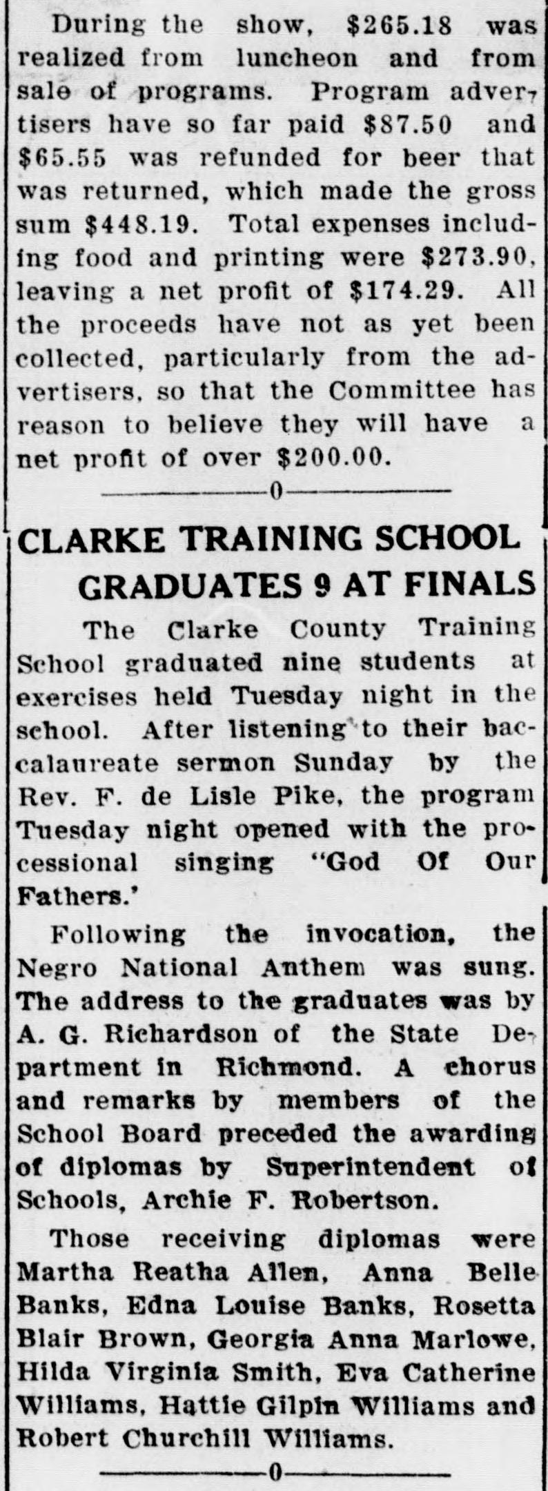 A newspaper column whose upper part ends an unrelated horse-show profit report. Below a rule, the item headed "Clarke Training School Graduates 9 At Finals" describes the baccalaureate, the singing, the address and the awarding of diplomas, and lists the nine graduates.