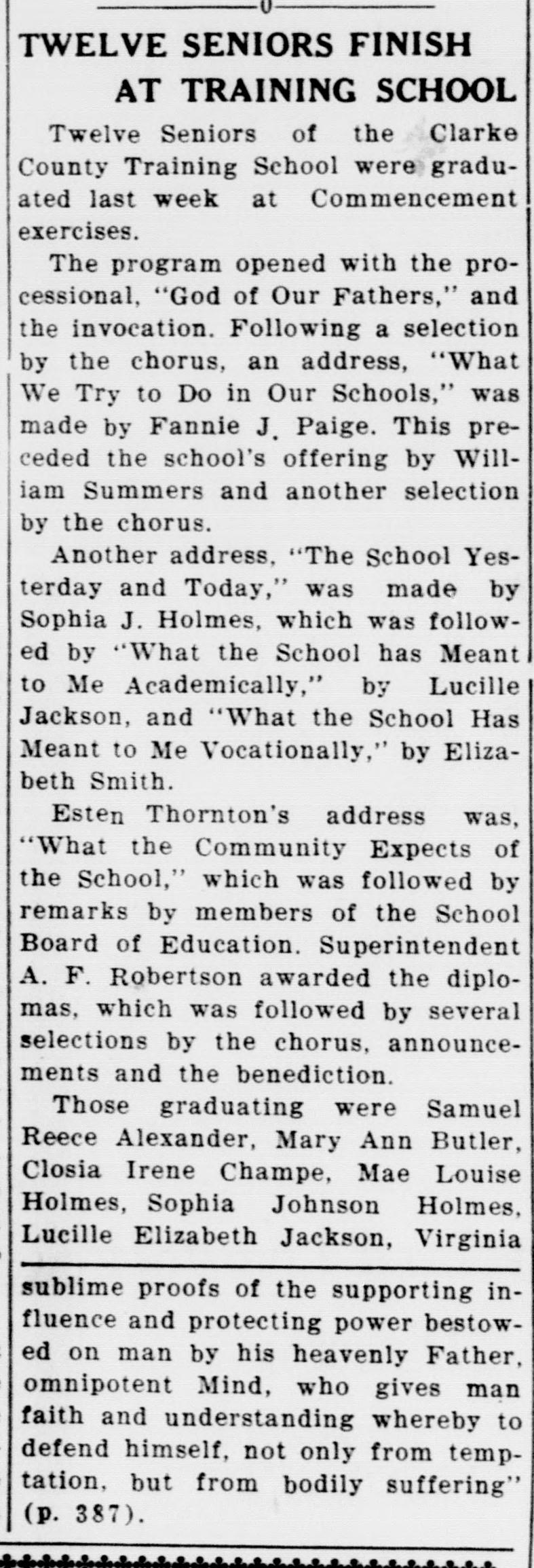 A newspaper item headed "Twelve Seniors Finish At Training School." It gives the program's addresses and their titles and the awarding of diplomas, then begins a list of graduates that is cut off at the column's end. Below a rule sits the unrelated end of a quotation citing page 387.