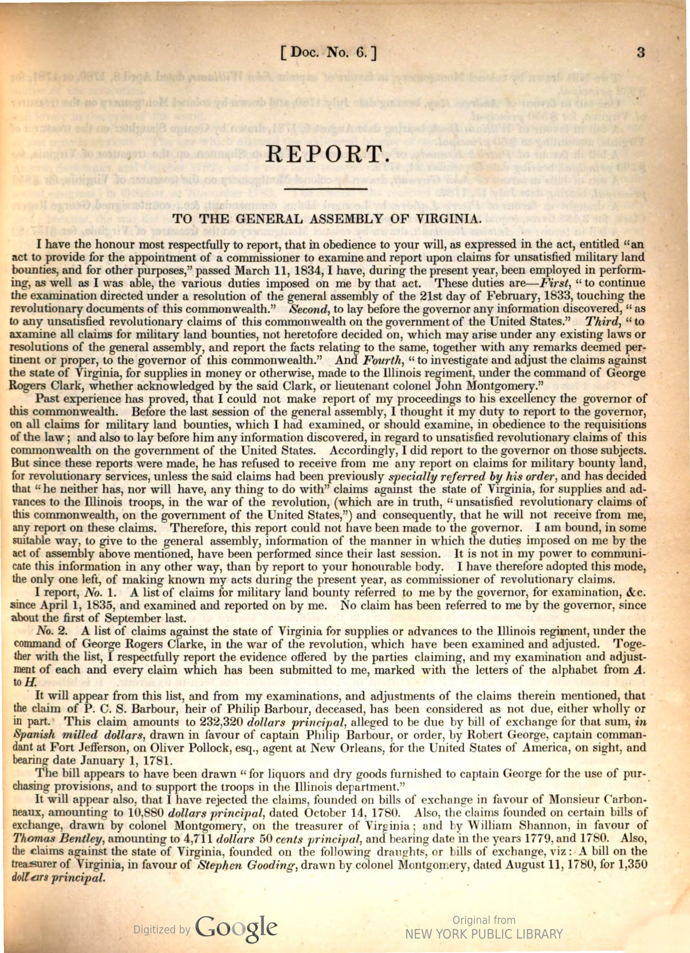 The first printed page of a report headed Report, To the General Assembly of Virginia. The commissioner lists the duties the act of 1834 gave him; the fourth is to investigate and adjust the claims against Virginia for supplies made to the Illinois regiment, under the command of George Rogers Clark.