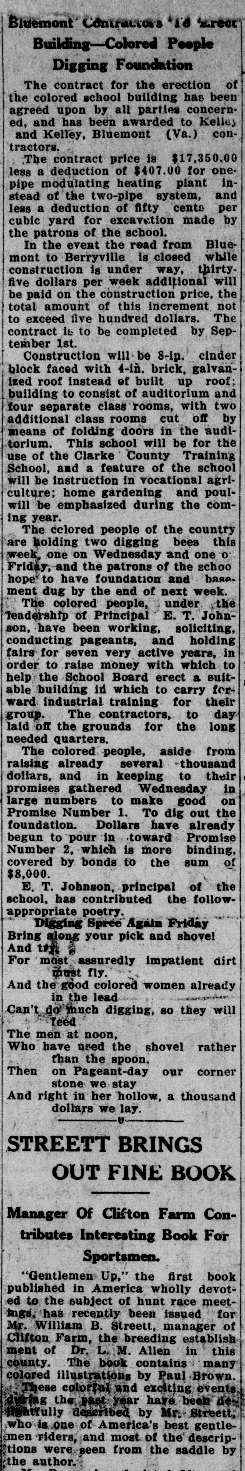 A long single newspaper column. Under a partly smudged headline ending "Colored People Digging Foundation," it gives the contract price of $17,350.00 with its deductions, the cinder-block and brick construction, the auditorium and classrooms, the digging bees and the promises, then prints the principal's verse "Digging Spree Again Friday." The heading of an unrelated book review shows at the foot.