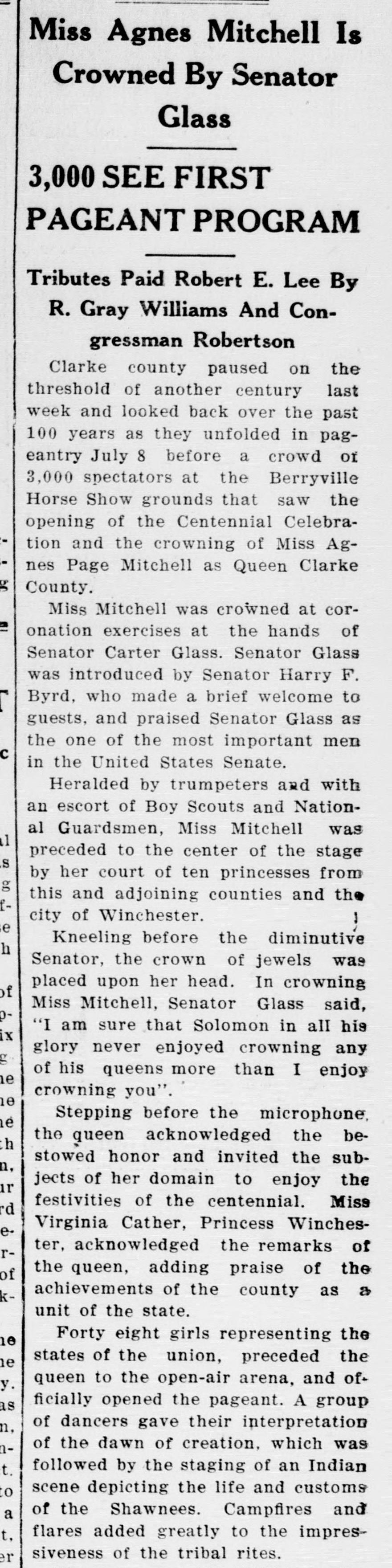 A long newspaper column under the headlines "Miss Agnes Mitchell Is Crowned By Senator Glass" and "3,000 See First Pageant Program." It reports that Clarke County looked back over its past hundred years in a pageant on July 8 before 3,000 spectators at the Berryville Horse Show grounds, opening the Centennial Celebration.