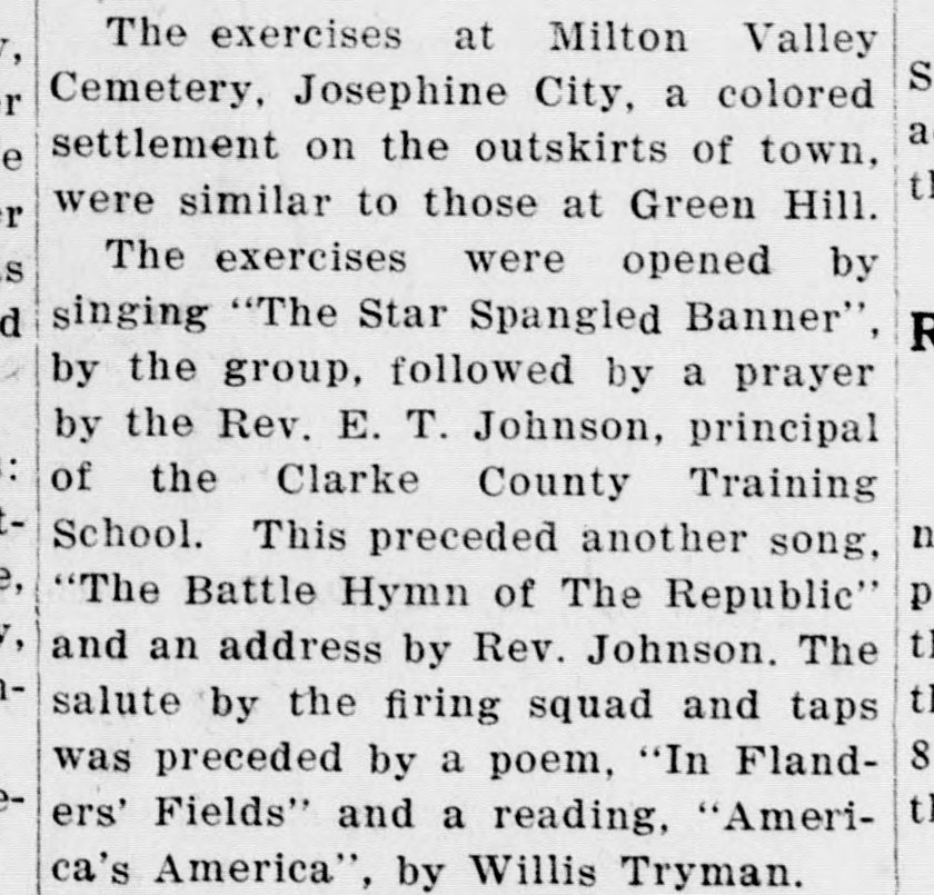 Two paragraphs of a newspaper column describing the Memorial Day exercises at Milton Valley Cemetery in Josephine City: songs including "The Star Spangled Banner" and "The Battle Hymn of the Republic," a prayer and address by the Rev. E. T. Johnson, a poem, a reading by Willis Tryman, a firing-squad salute and taps.