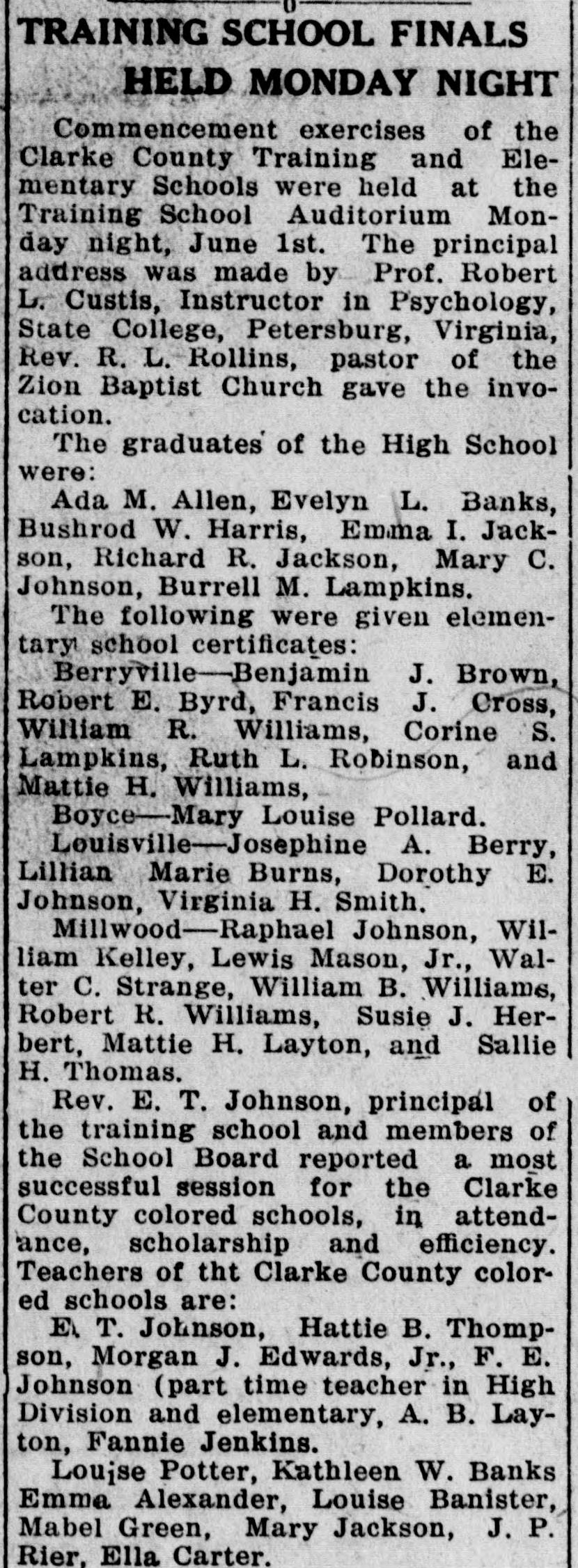 A newspaper column headed "Training School Finals Held Monday Night." It reports the June 1 commencement in the Training School auditorium with its speaker and invocation, lists the high-school graduates and the elementary pupils by school, reports a successful session, and begins a list of the county's colored teachers.