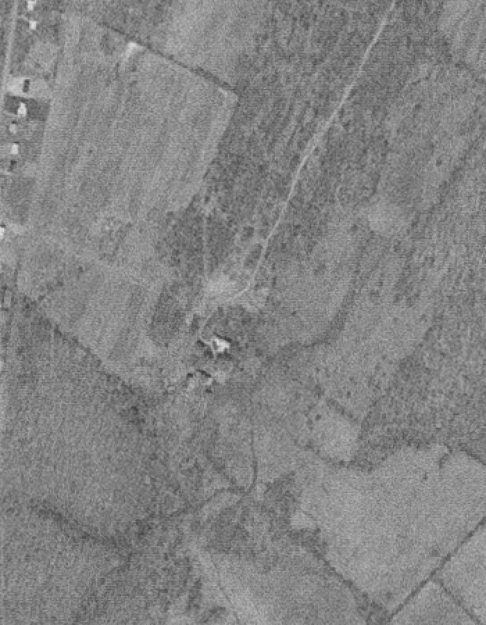 A grainy black-and-white aerial view of fields divided by darker lines of trees and hedgerows. A pale track runs down from the upper right to a small cluster of light and dark shapes near the center, and a row of small buildings lines the upper left edge.