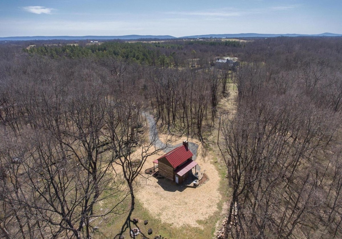 Looking down over bare treetops on the cabin in its round clearing, with the drive running off through the woods and a band of pines behind.