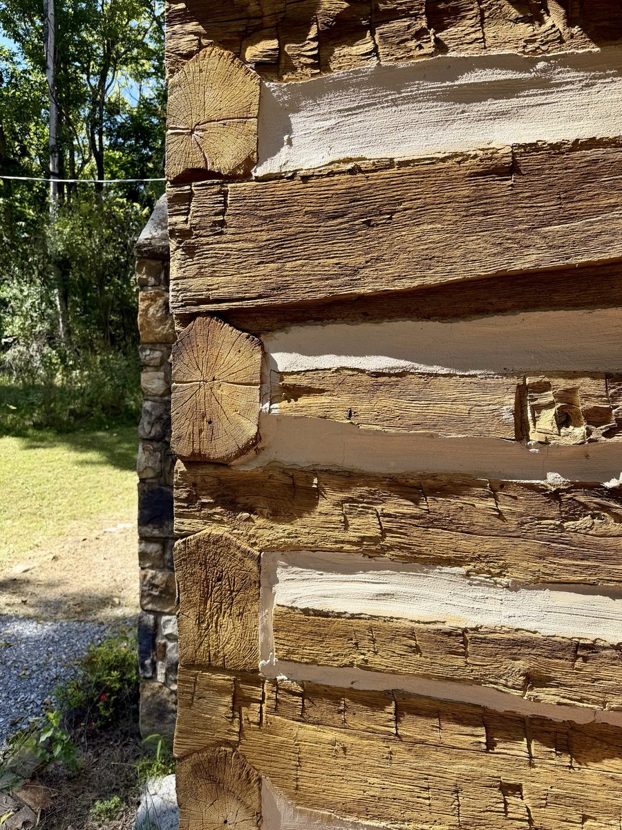 A close view up the outside corner of the log cabin: the squared ends of logs stacked one above another, the flattened faces of the logs marked with short diagonal cuts, pale chinking filling the gaps between them, and the stone chimney and yard beyond.