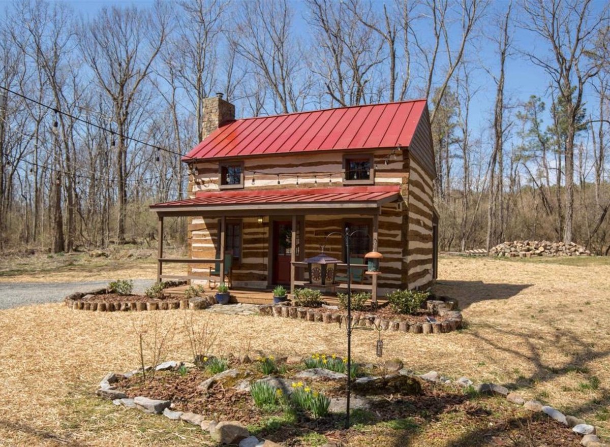 The cabin at a slight angle across a mulched yard, with a ring of stones around a bed of daffodils and a bird feeder in the foreground, strings of lights overhead and bare woods behind.