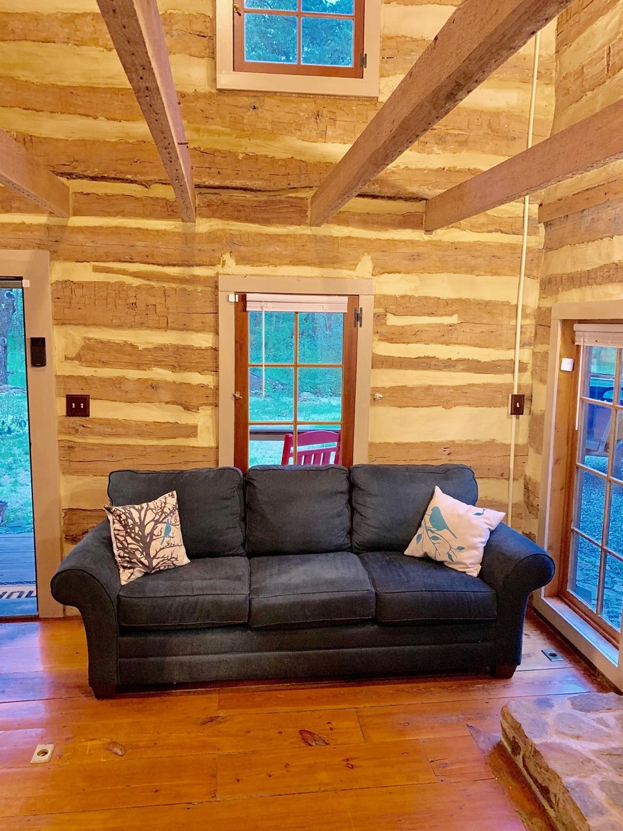 A dark gray sofa against a log wall with pale chinking under exposed beams, between a window onto the porch and a glazed door, on wide wooden floorboards.