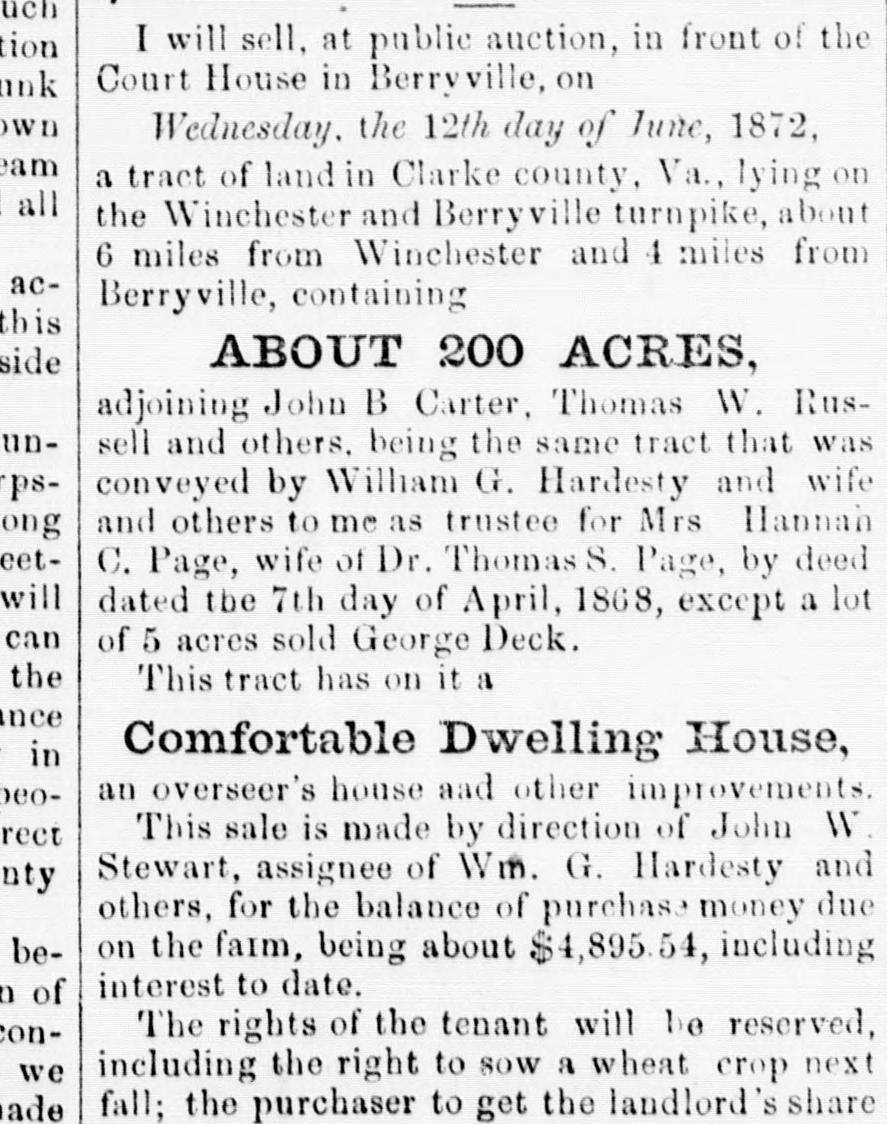 A column of newspaper type announcing a public auction in front of the Court House in Berryville on Wednesday, June 12, 1872, of about 200 acres on the Winchester and Berryville turnpike. Bold lines read “ABOUT 200 ACRES” and “Comfortable Dwelling House,” and a smaller line below continues “an overseer’s house and other improvements” before the terms of sale.