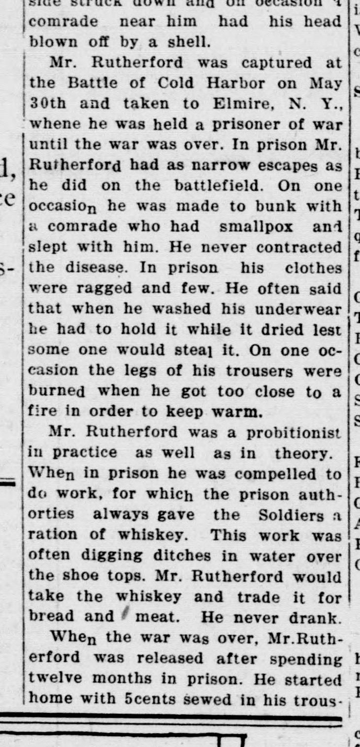 A newspaper column telling how John C. Rutherford was captured at Cold Harbor and held at Elmira, New York, bunked with a smallpox patient, held his washing while it dried, and traded his whiskey ration for bread and meat.
