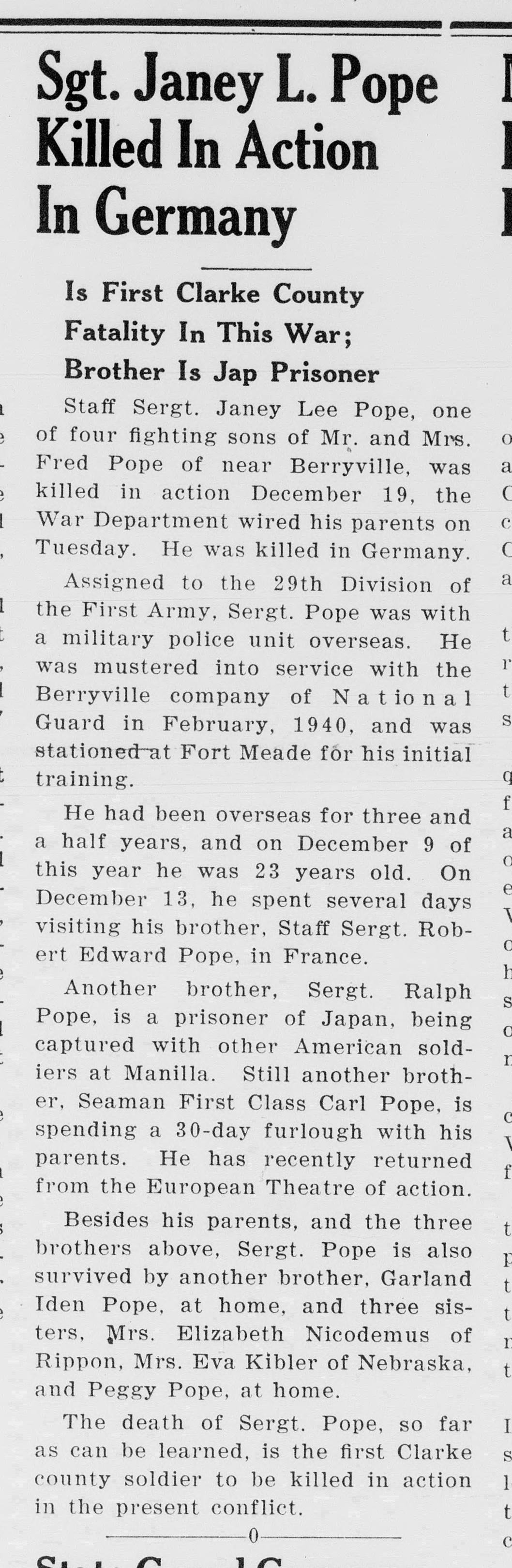 A front-page newspaper item headed "Sgt. Janey L. Pope Killed In Action In Germany," with subheads calling him the first Clarke County fatality of the war and noting a brother held prisoner. It gives his death on December 19, his visit to his brother Robert in France, and the family he left.