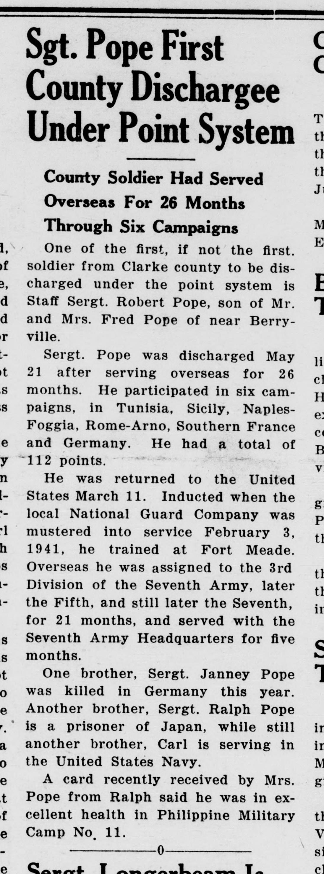 A front-page newspaper item headed "Sgt. Pope First County Dischargee Under Point System." It reports that Staff Sergeant Robert Pope was discharged May 21 after 26 months overseas and six campaigns, with 112 points, and gives news of his brothers.