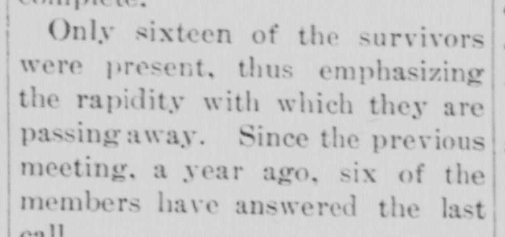 A short passage of a newspaper report saying that only sixteen of the survivors were present at the reunion and that six members had died since the previous meeting a year before.