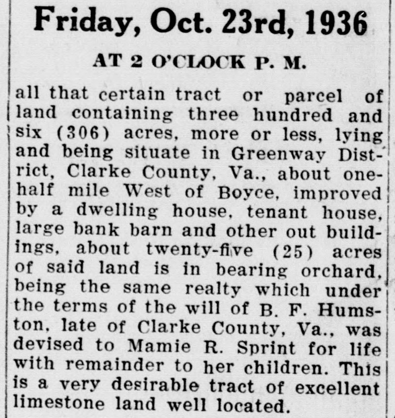 Part of a newspaper sale advertisement. Under the display lines "Friday, Oct. 23rd, 1936" and "At 2 o'clock P. M." it describes a tract of 306 acres, more or less, in Greenway District, about one-half mile west of Boyce, with a dwelling house, tenant house, large bank barn and about 25 acres in bearing orchard, devised under B. F. Humston's will to Mamie R. Sprint for life with remainder to her children.